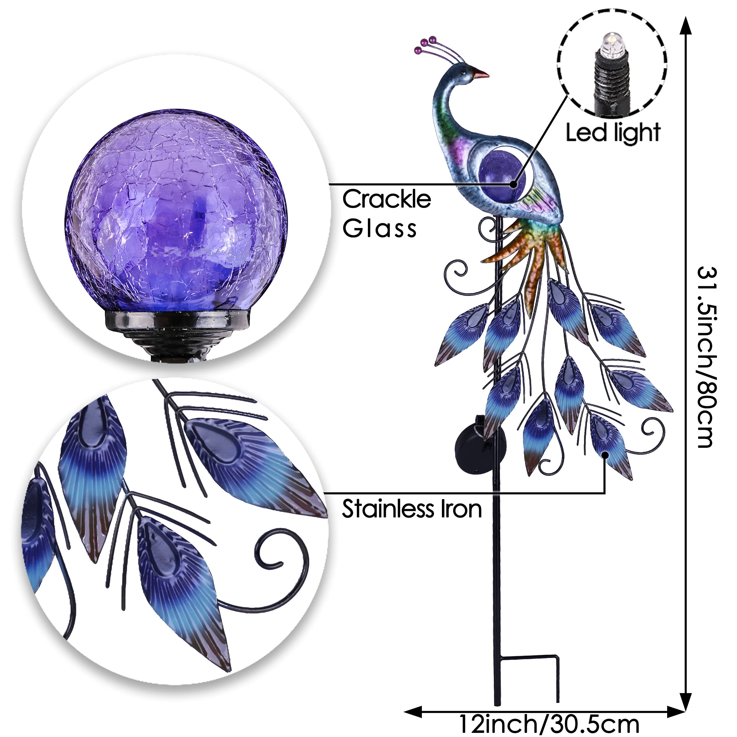 TERESA'S COLLECTIONS 31.5 Inch Solar Peacock Stake Lights & 35 Inch Metal Peacock Garden Statue - Outdoor Decor for Patio, Lawn & Yard | Elegant Solar-Powered Lighting & Decorative Metal Sculpture for Garden Landscaping