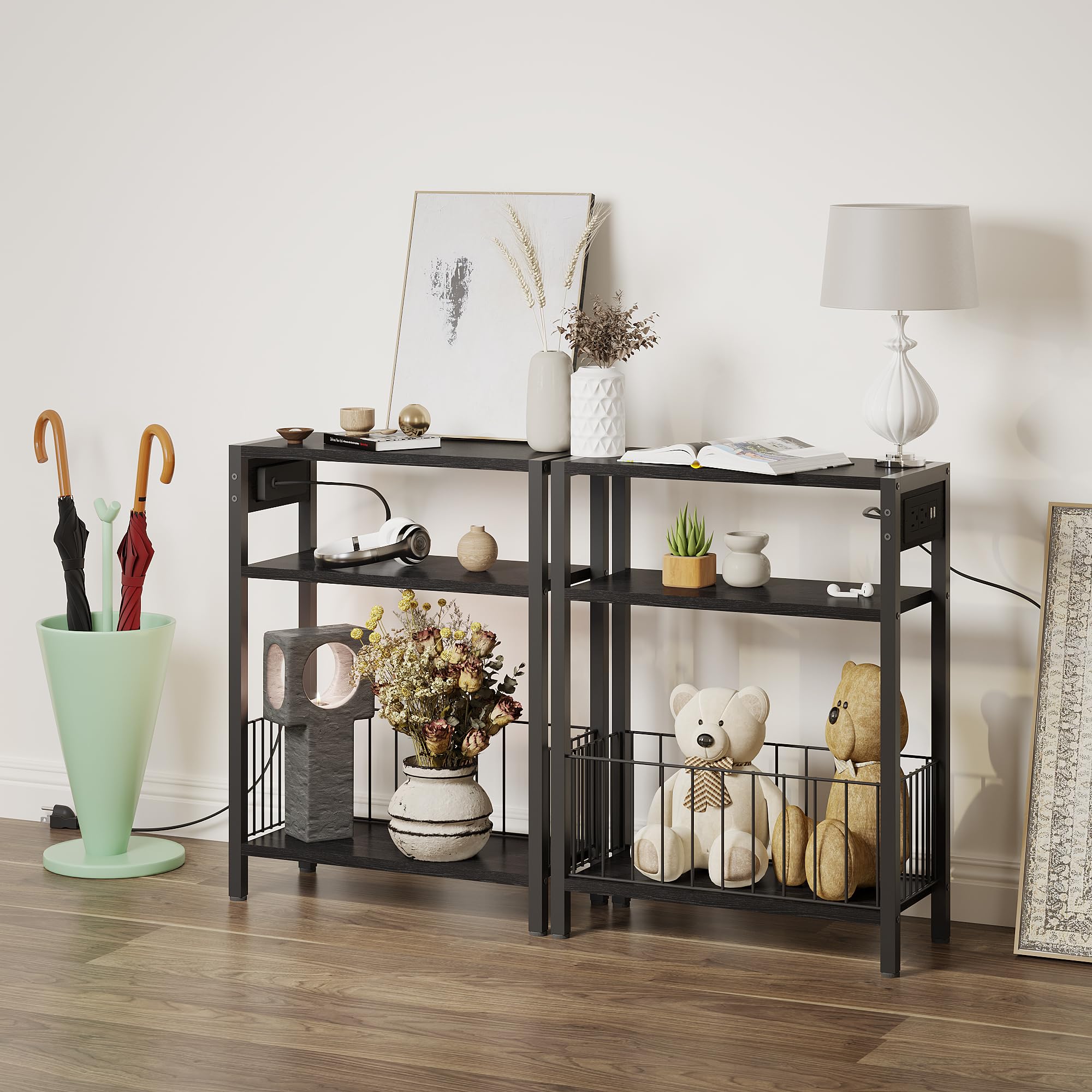 Slim Narrow Side Table with USB Charging Station - 3-Tier Small End Table with Storage Basket for Bedroom, Living Room - Space-Saving Nightstand for Apartments, Dorms - Black (Perfect for Tight Spaces, Charging Devices & Organizing Essentials)