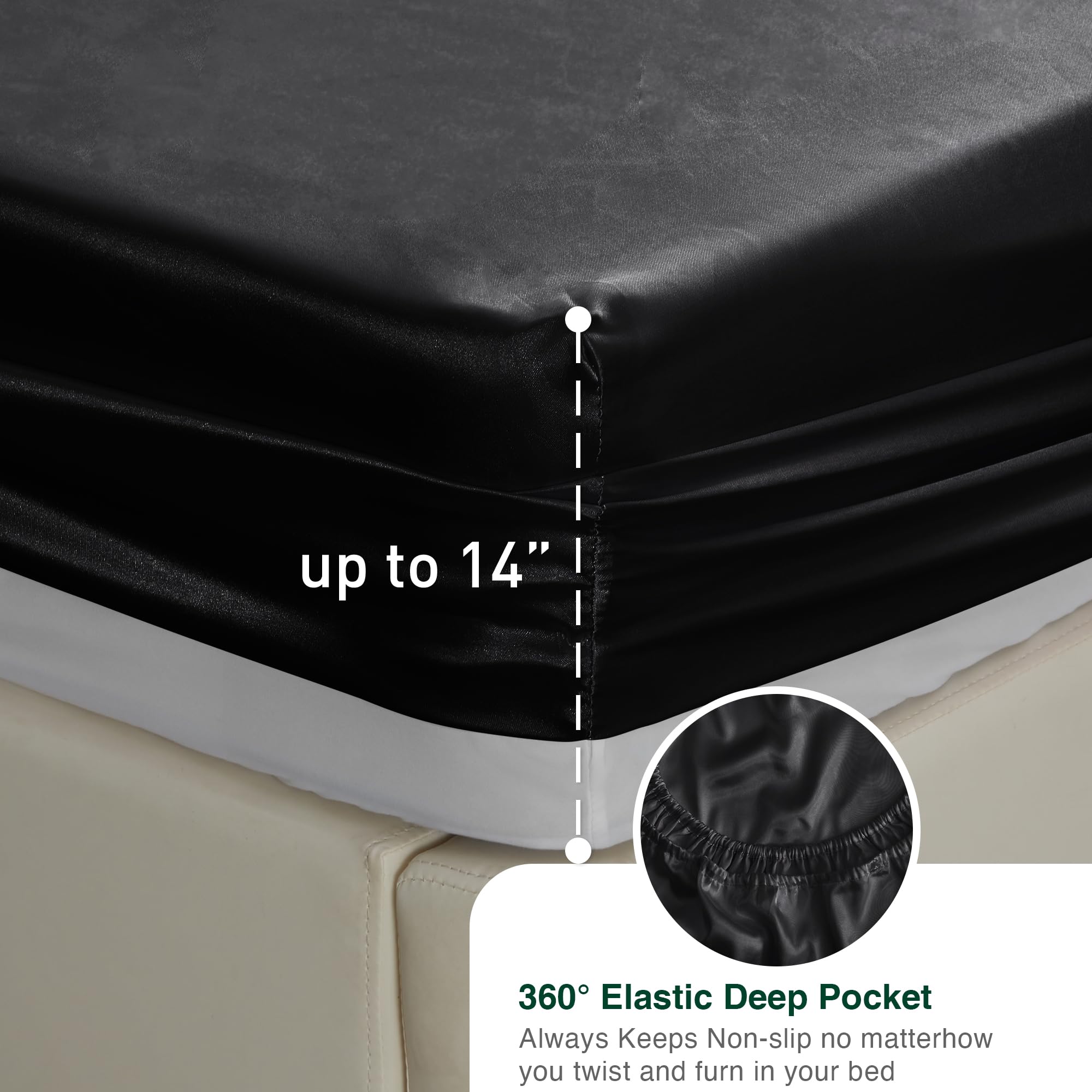 Luxury Satin Queen Sheets Set - 4 Piece Black Silky Bedding with Deep Pockets (1 Flat Sheet, 1 Fitted Sheet, 2 Pillowcases) | Soft Silk Feel for Ultimate Comfort - Perfect for Master Bedroom, Guest Room & Hotel Style Decor