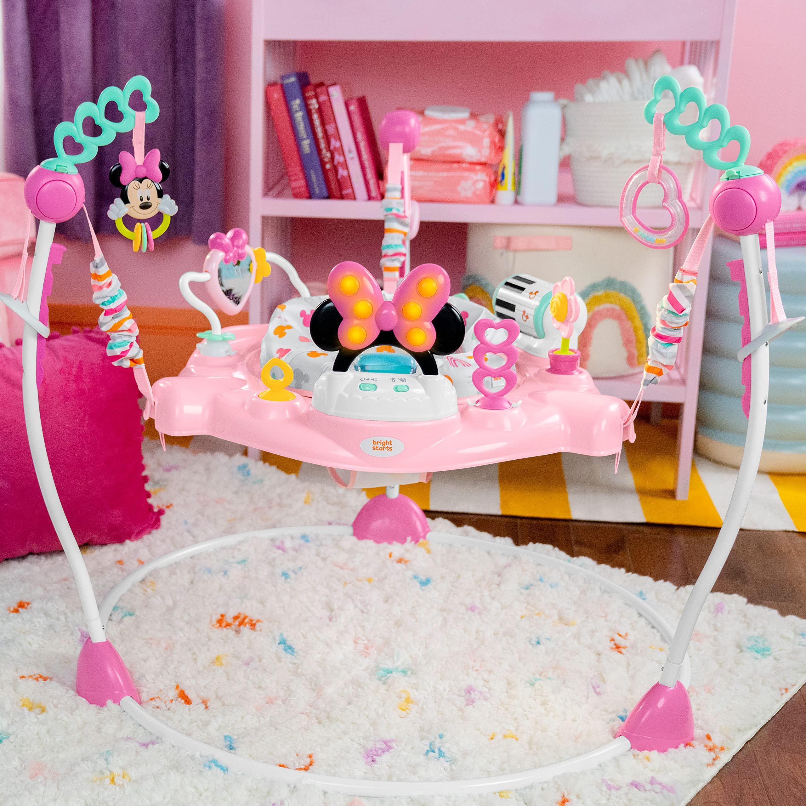 Bright Starts Disney Baby Minnie Mouse Forever Besties Baby Activity Jumper with 10 Interactive Toys, Lights & Sounds, 360-Degree Rotating Seat for Infants 6-12 Months (Pink) - Perfect for Playtime, Learning & Motor Skill Development