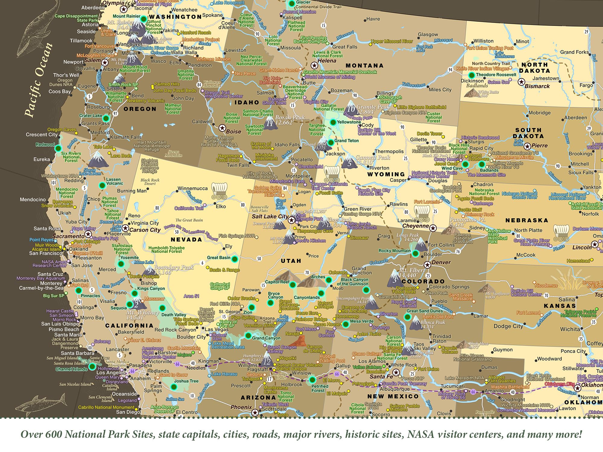 USA Travel Map with Push Pins - Track Visits to 63 National Parks | Brown Framed, Rolled Poster or Stretched Canvas | Includes 500 Pins for Road Trips & Adventure Planning