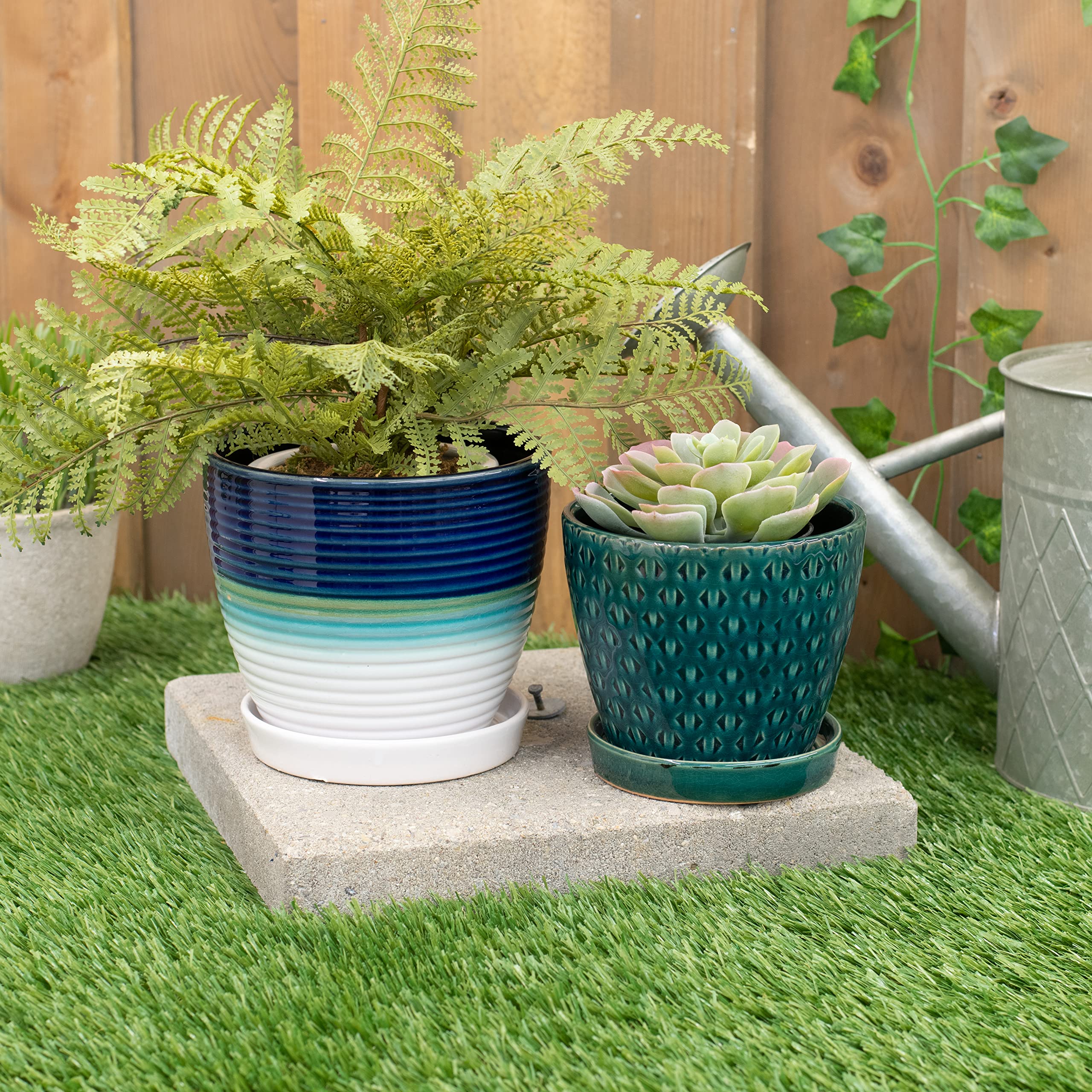 Teal Ceramic Planter Pot with Reactive Glaze for Indoor Plants – 4.75 x 5.5 Inch with Drainage Hole & Matching Saucer – Perfect for Succulents, Herbs & Small Houseplants in Home, Office or Garden Decor
