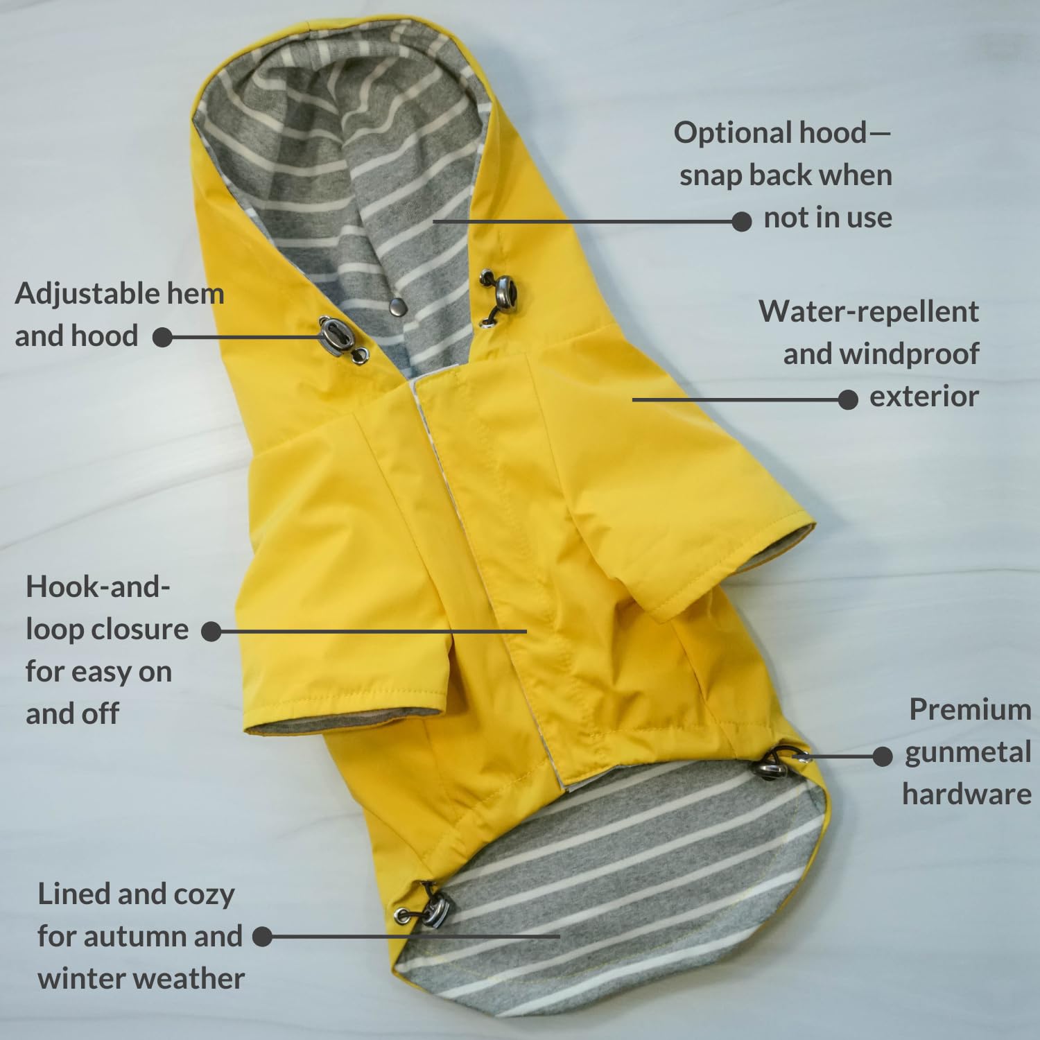 Waterproof Dog Jacket with Hood - Adjustable Lightweight Yellow Coat for Small & Medium Dogs | DJANGO Highland Dog Jacket with Harness Hole, Cozy Lining & Back Pocket (Medium, Yellow) | Perfect for Outdoor Adventures, Hiking & Cold Weather Protection