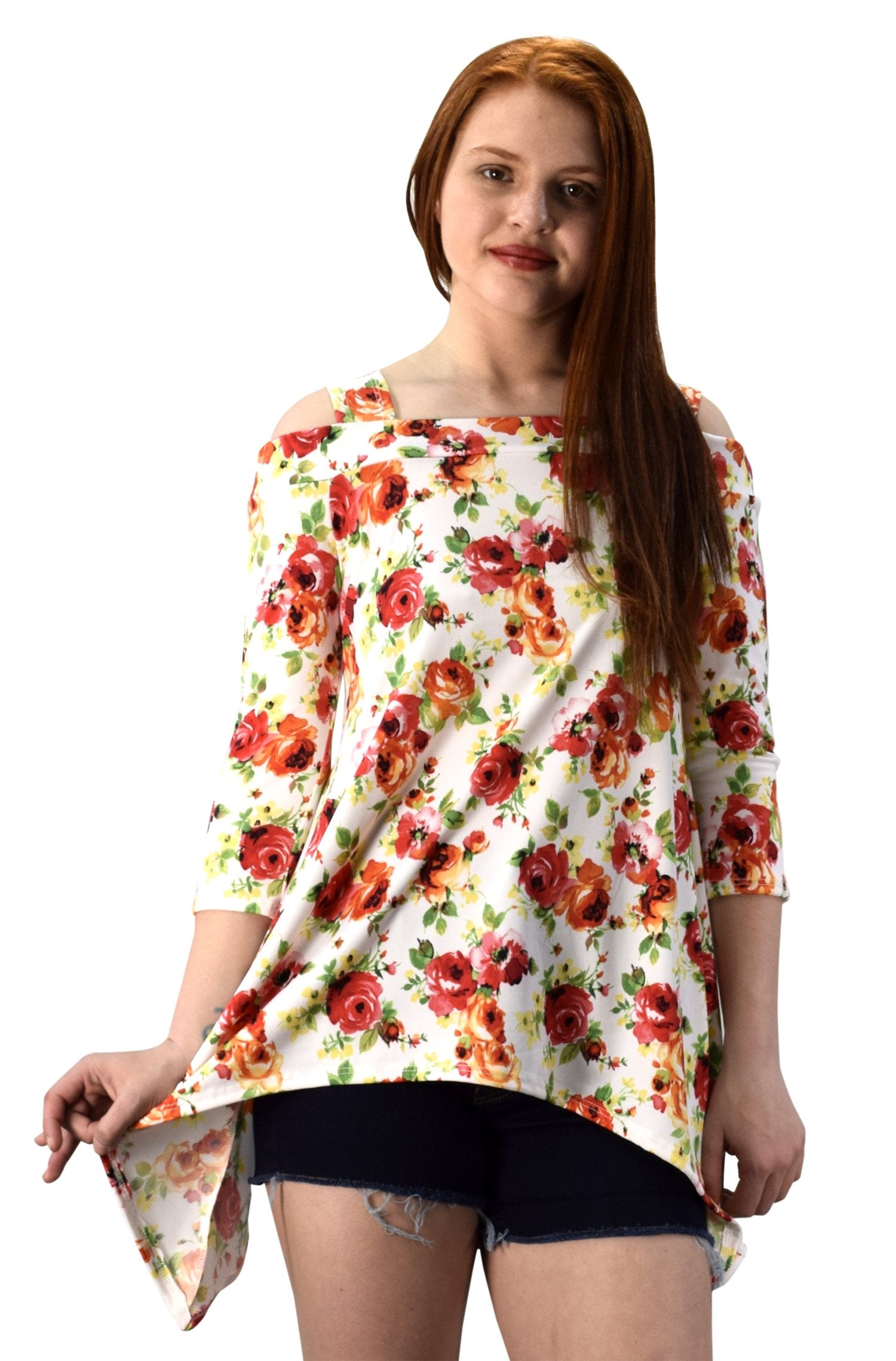 Women's Fashion Cut Out Shoulder 3/4 Sleeve Loose Fit Blouse Top - Casual Office Wear & Summer Outfits