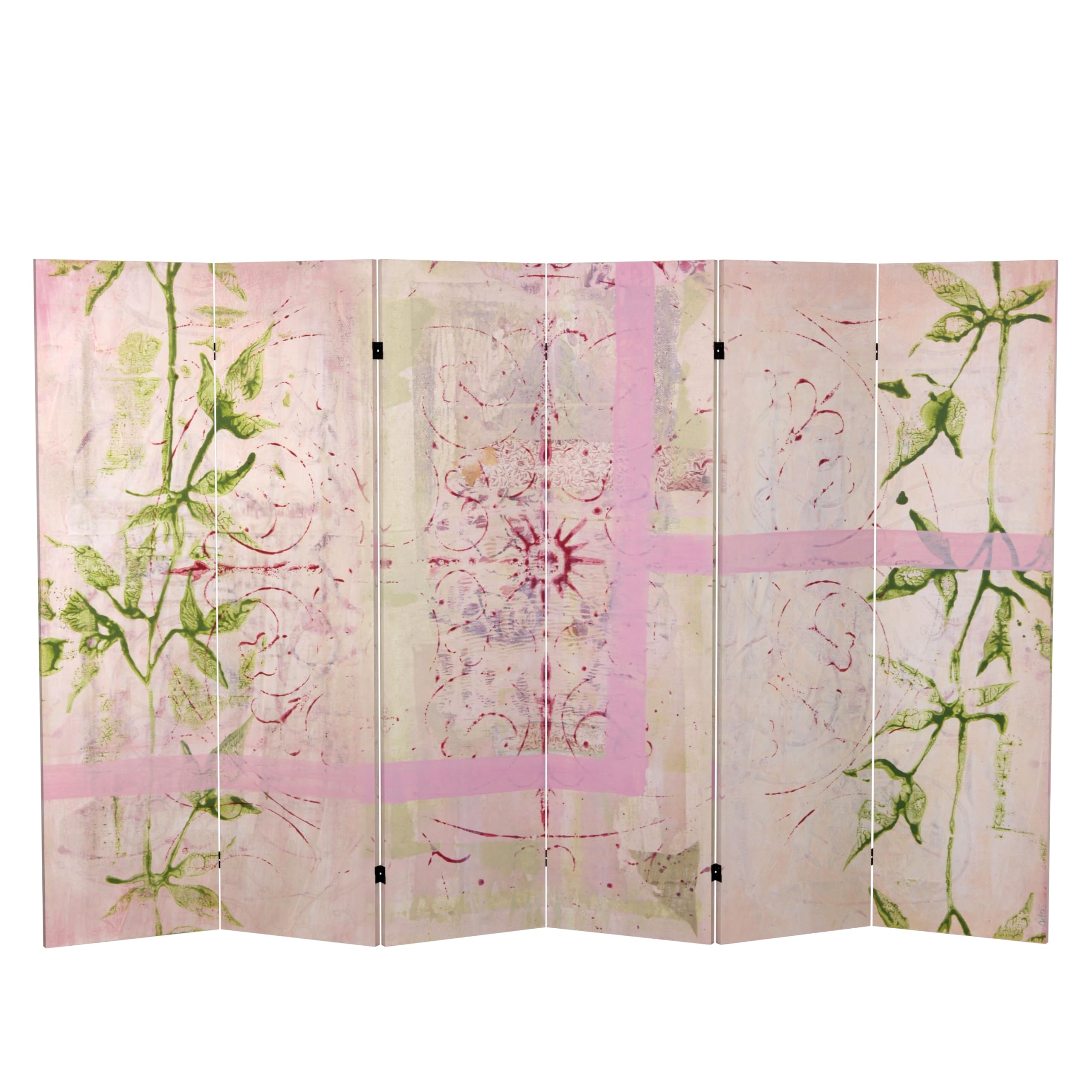 5 1/4 ft Pink Harmony Canvas Room Divider - 6 Panel Oriental Folding Screen for Bedroom Privacy, Living Room Partition & Home Decor | Hand-Painted Asian Inspired Design