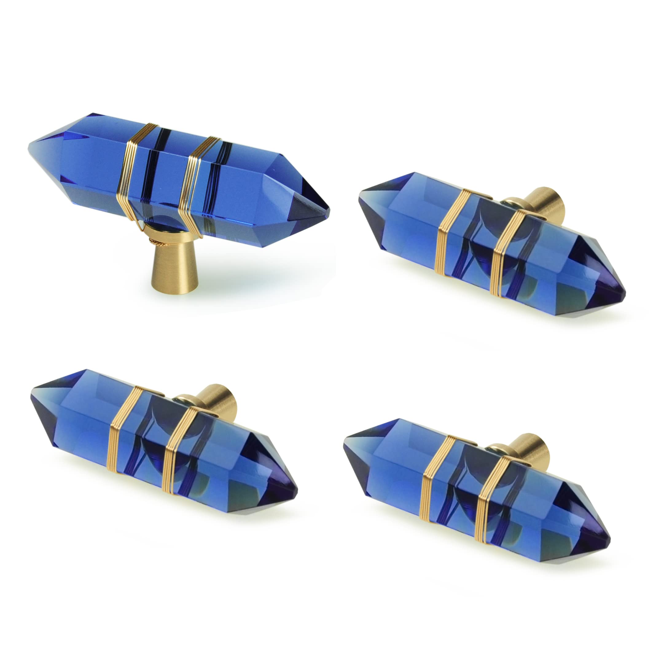Hexagonal Crystal Knobs - 4 Pack Brass Drawer Pulls for Dresser & Kitchen (Blue) - Elegant Cabinet Hardware