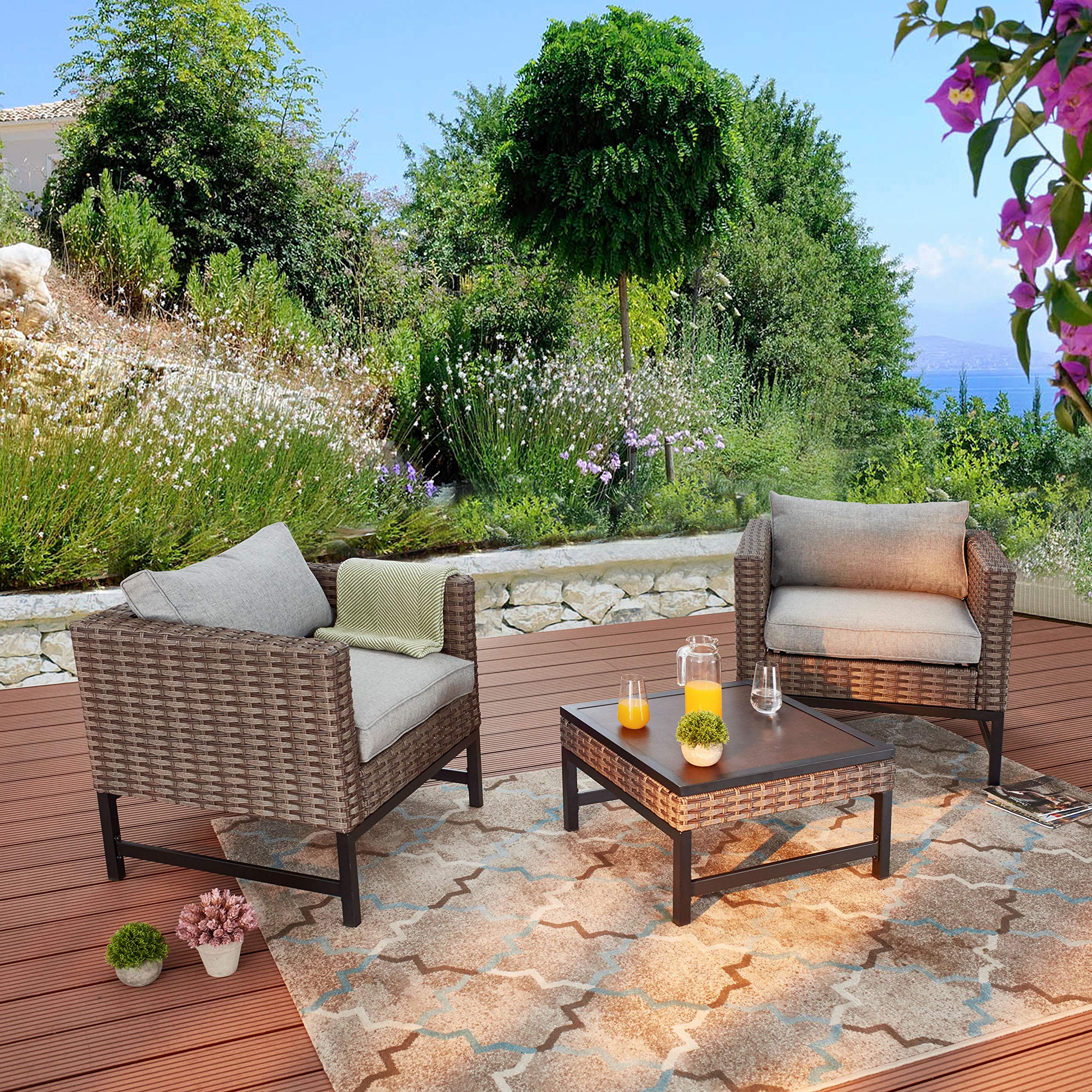LOKATSE HOME 3-Piece Outdoor Patio Furniture Set - Rattan Wicker Chairs with Square Coffee Table for Balcony, Garden, or Backyard - Brown Conversation Set for Relaxing & Entertaining
