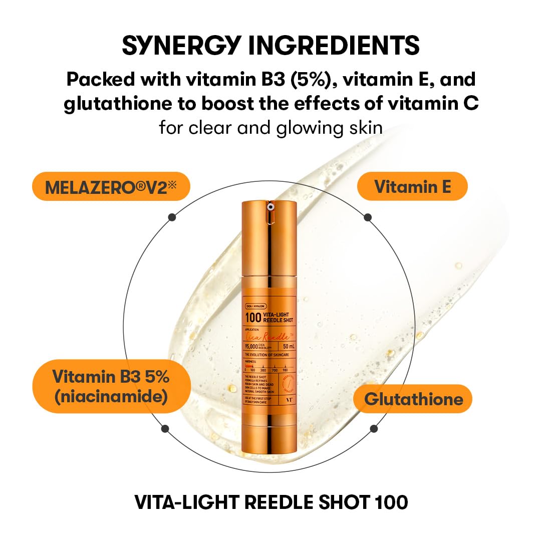 VT Cosmetics Vita-Light Reedle Shot 100 Serum - Vitamin C & E Capsules for Hydration & Brightening - Korean Skincare for Sensitive Skin - 1.69 Fl Oz (50ml) - Perfect for Daily Anti-Aging & Glow Boosting Routine