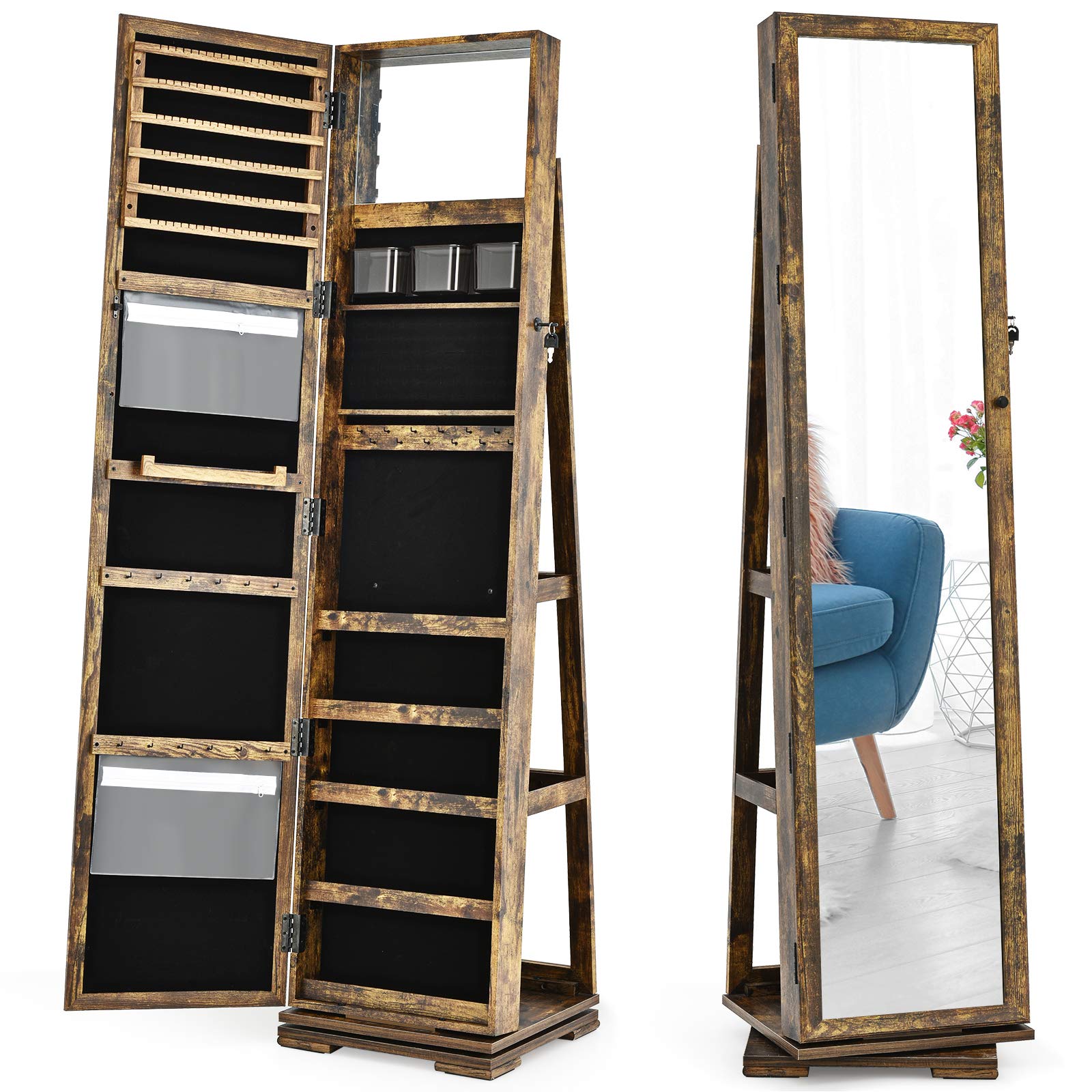CHARMAID 360° Swivel Jewelry Armoire with Full-Length Mirror - Lockable Standing Jewelry Cabinet Organizer with Large Storage, Makeup Mirror & Back Shelves (Rustic Brown) - Perfect for Bedroom, Closet & Dressing Room Organization