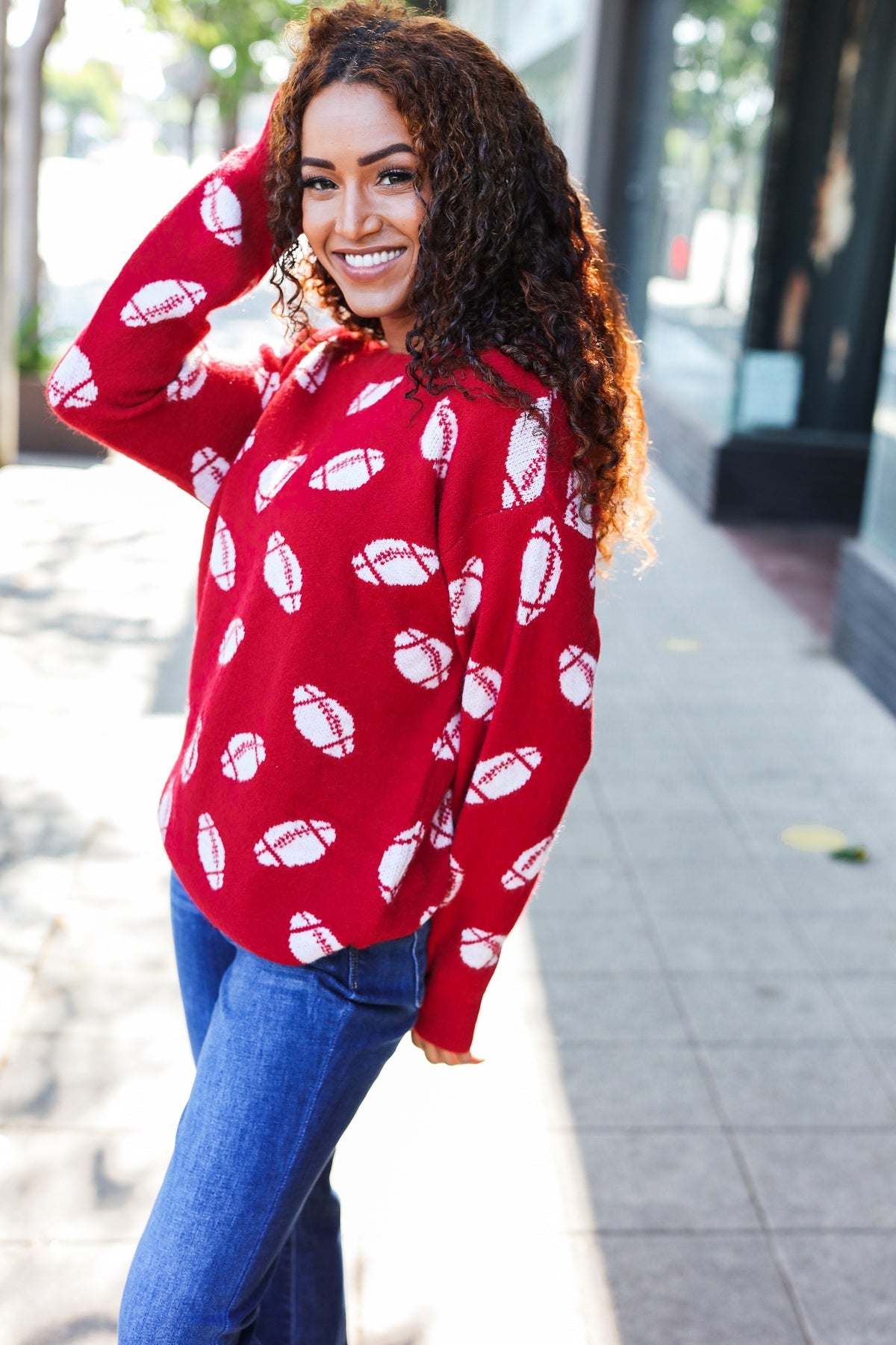 Game Day Red Football Print Jacquard Knit Sweater for Men - Cozy Team Spirit Pullover for NFL Fans, Tailgating & Winter Sports