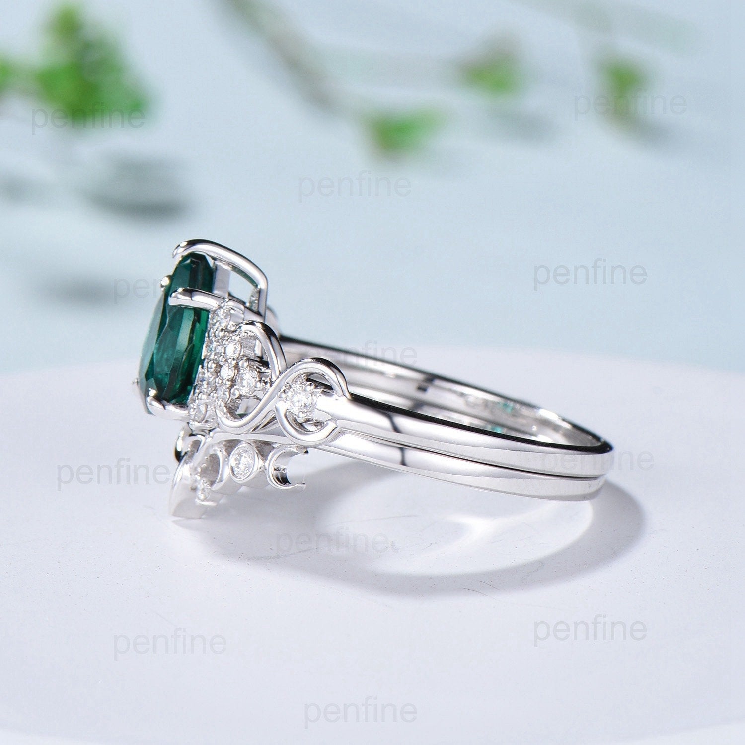 Vintage Celtic Love Emerald Wedding Ring Set - Pear Shaped Norse Viking Cluster Engagement Ring with Emerald & Diamonds - Knot Bridal Jewelry for Weddings, Anniversaries & Special Occasions