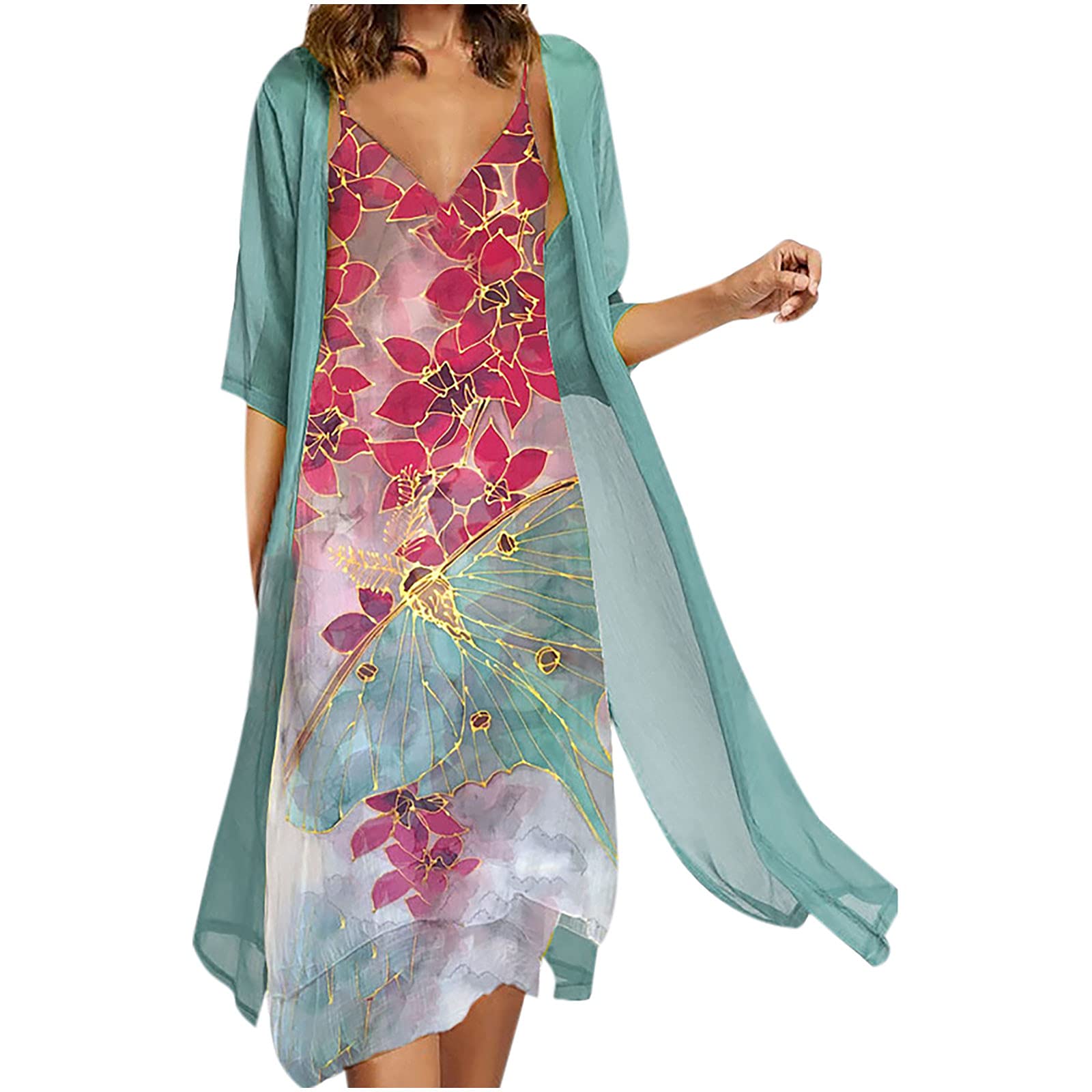 Women's Floral Print Cami Dress & Cardigan Set - 2 Piece Summer Midi Dress for Casual Wear, Beach Outings & Date Nights