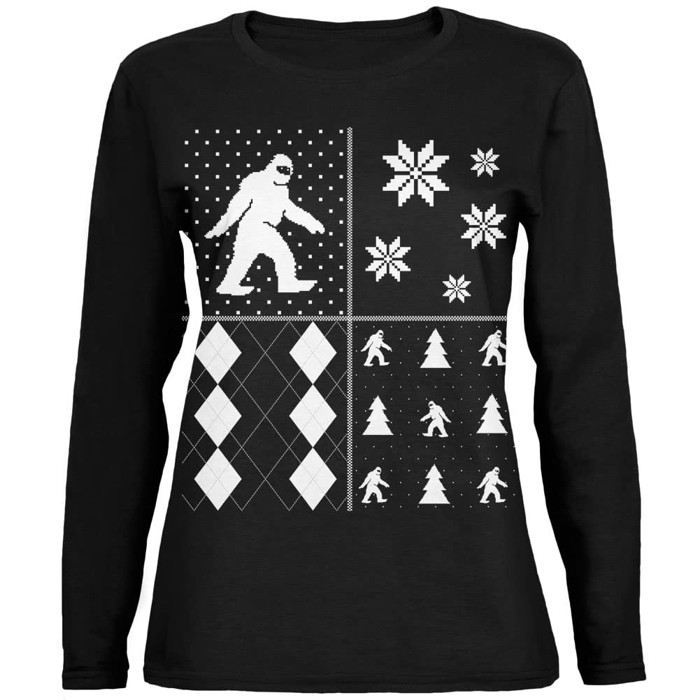 Festive Sasquatch Ugly Christmas Sweater - Women's Long Sleeve Black T-Shirt for Holiday Parties & Family Gatherings