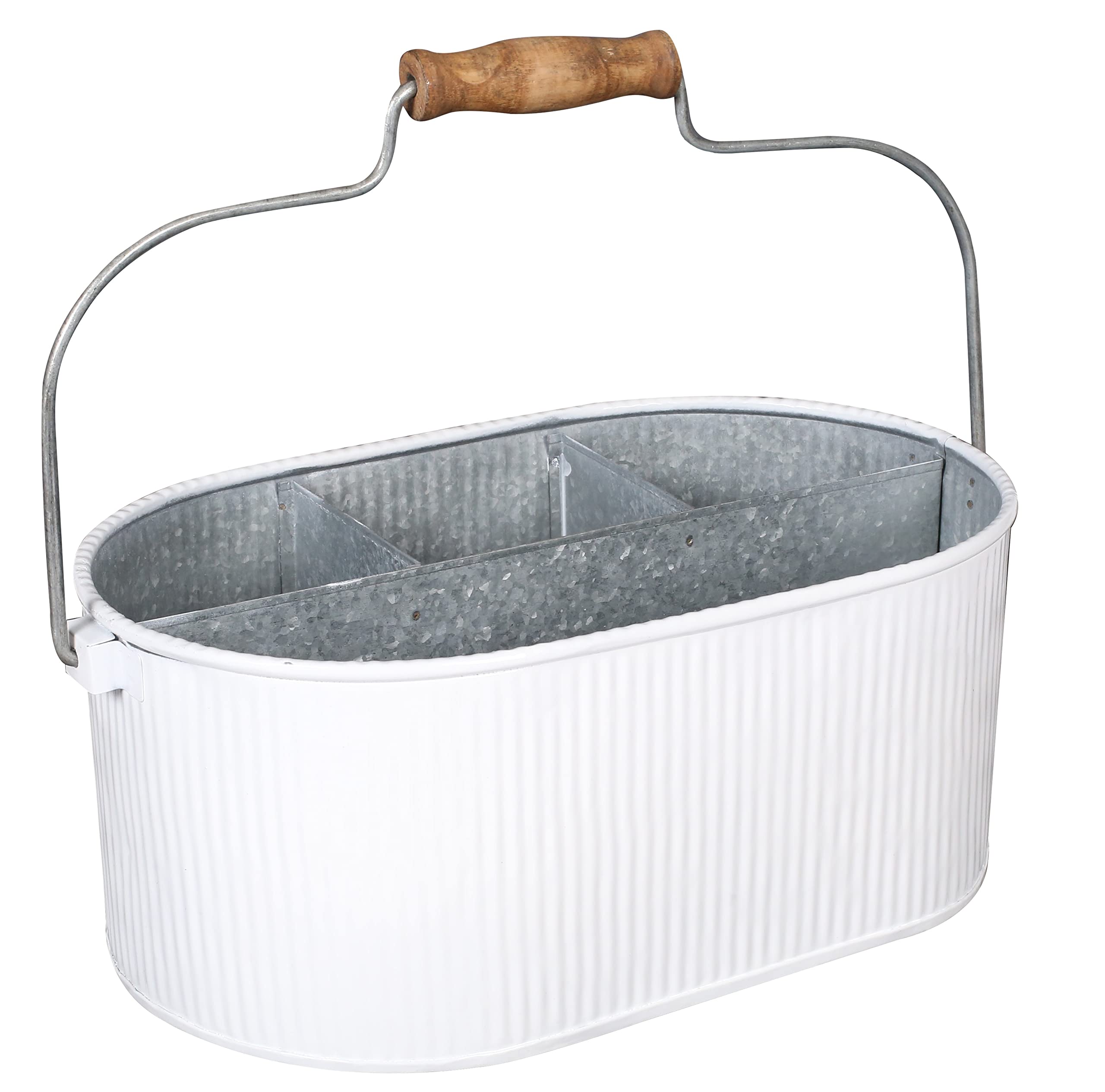 Galvanized Metal Utensil Caddy Holder for Kitchen, Picnic & Outdoor Parties - Farmhouse Style Silverware Organizer in White & Natural Finish - Perfect for Dining, BBQ, Camping & Home Decor