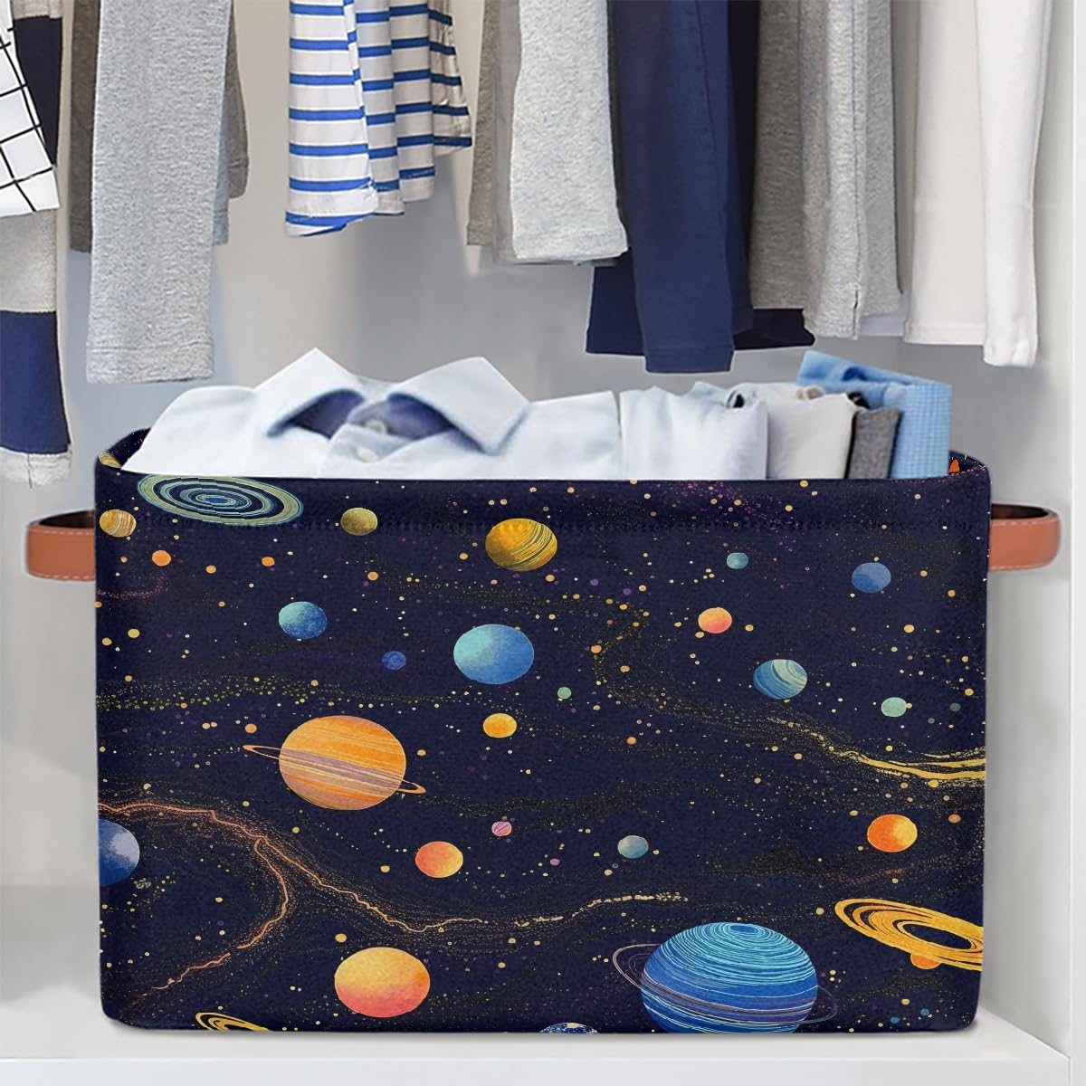 Space-Themed Foldable Storage Baskets with Handles - 2 Pack Decorative Storage Bins for Shelves, Home Organization | Perfect for Kids' Room, Closet & Space-Themed Decor