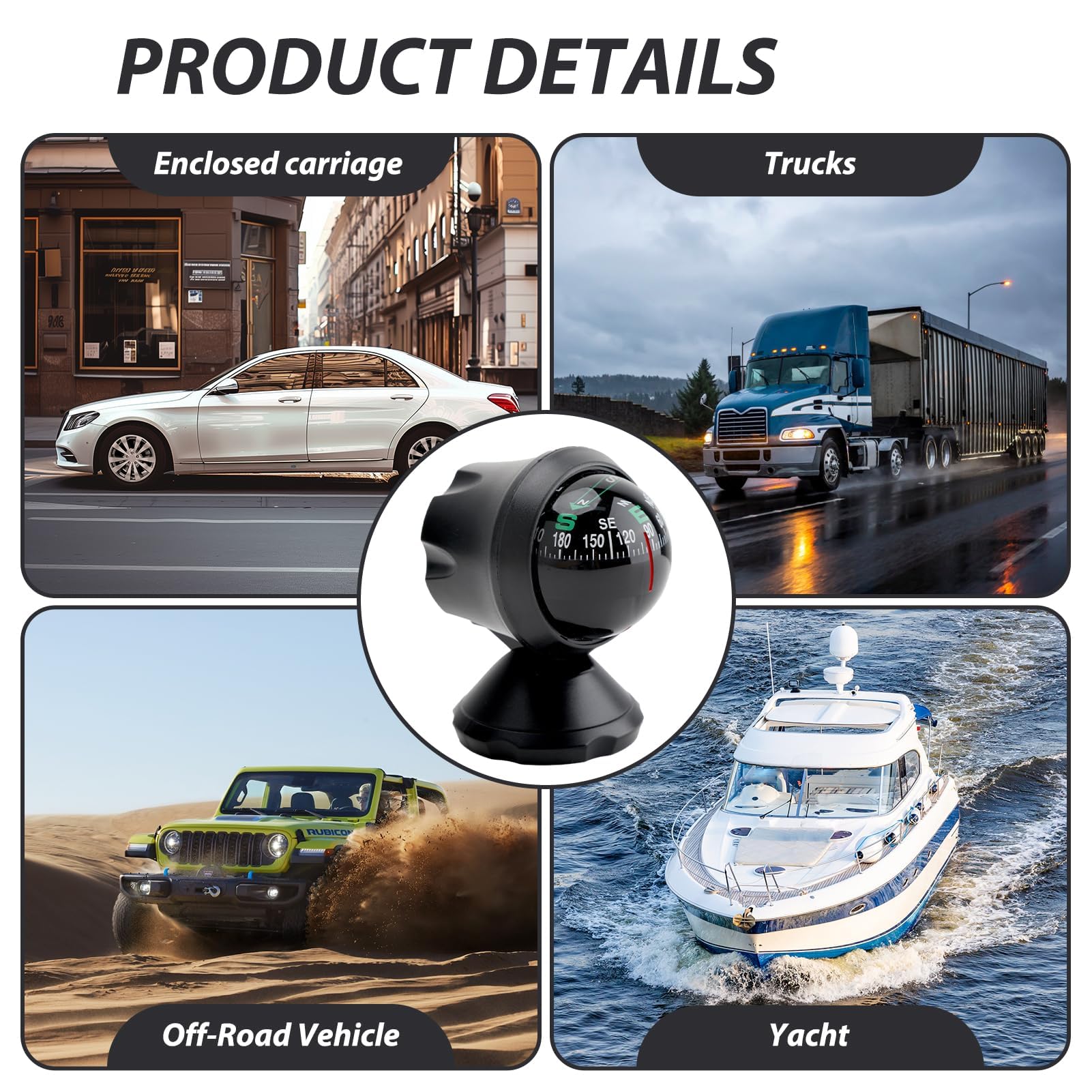 Car Dashboard Compass with Adjustable Mount - Universal Vehicle Compass for Cars, Trucks, Boats & RVs | Accurate Direction Finding for Road Trips, Off-Roading & Marine Navigation