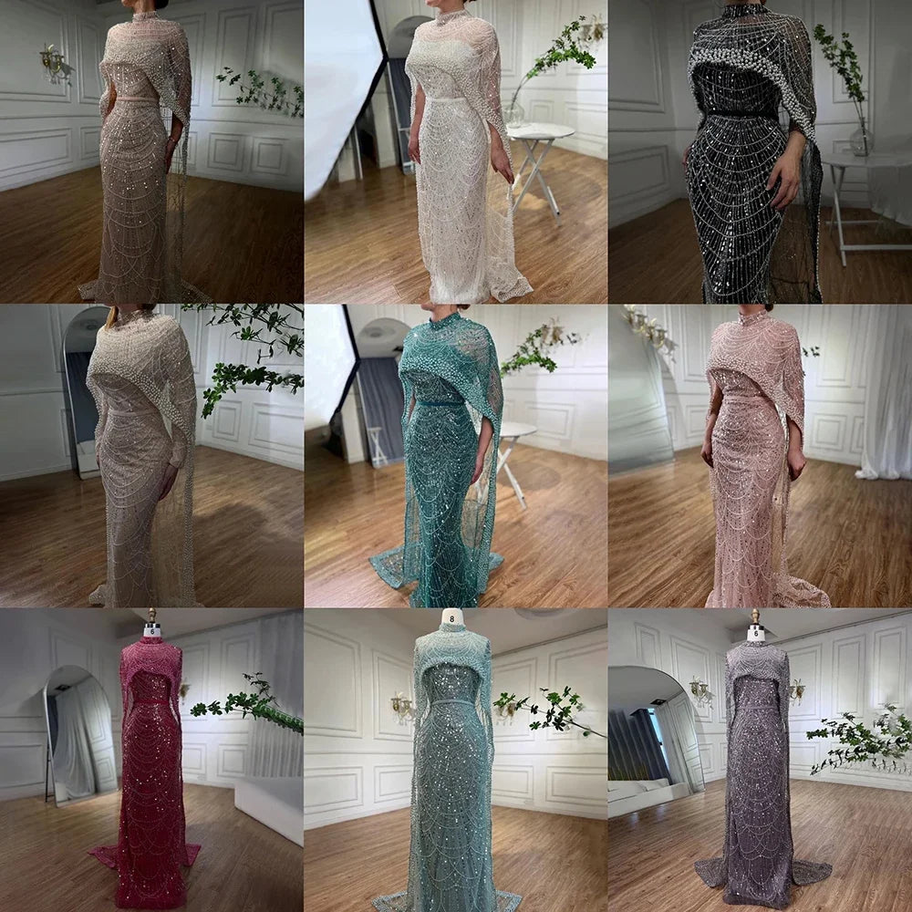 Elegant Green Pearl Evening Gown with Detachable Cape - LA72032 | Luxury Designer Dress for Prom, Gala & Formal Events