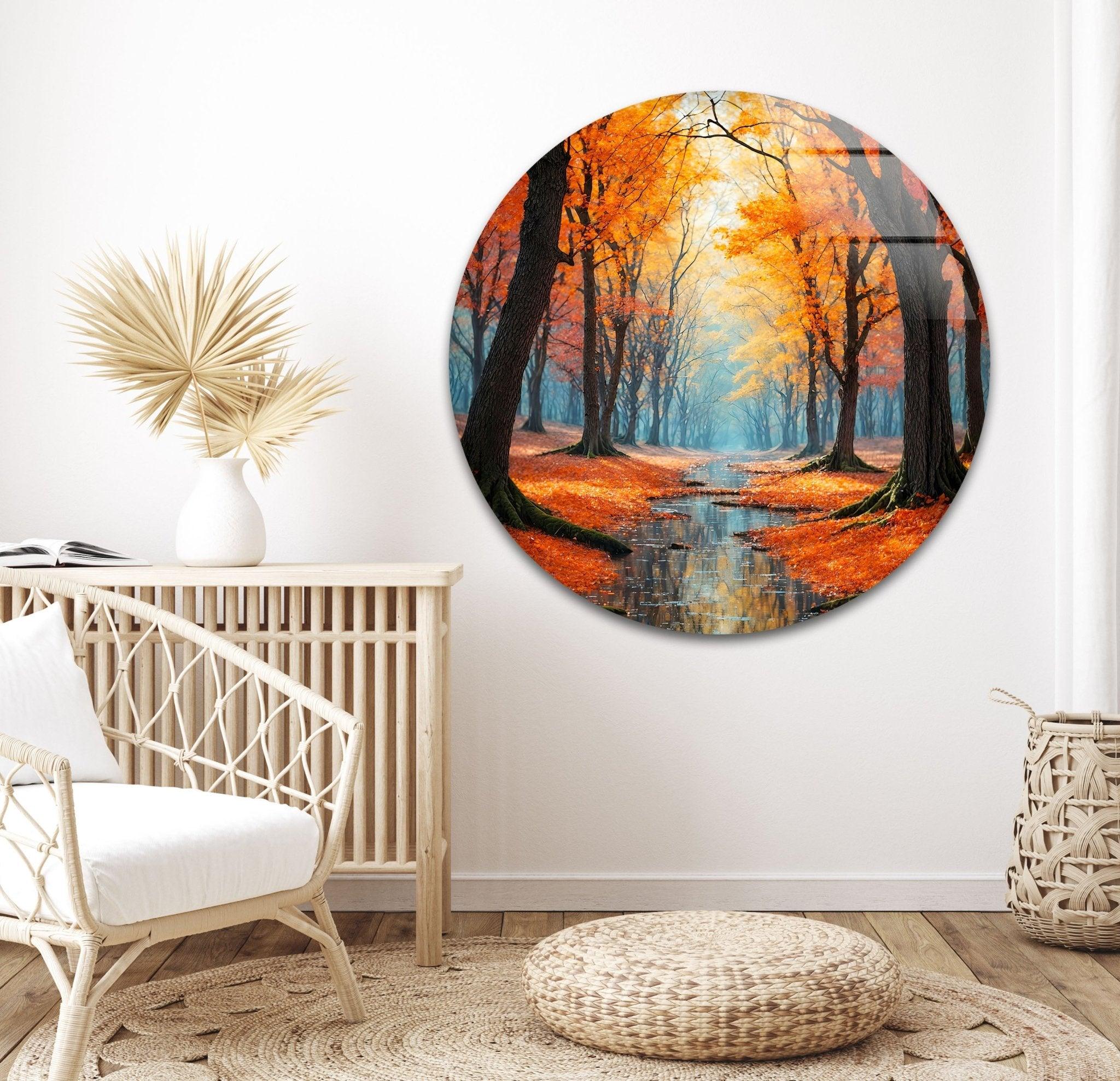 Stunning Fall Forest Art Print on Glass - Autumn Pathway Reflections Wall Decor for Living Room, Bedroom & Office