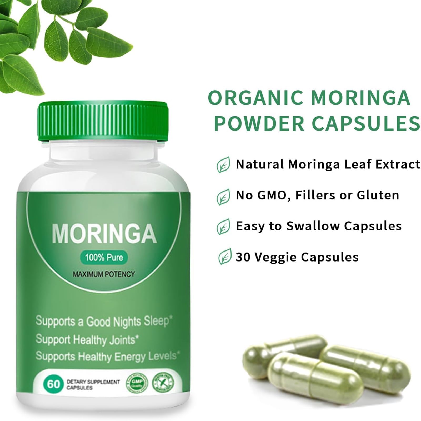 Organic Moringa Powder Capsules - 100% Pure Nutrient-Rich Superfood with Antioxidants - Supports Energy, Skin & Digestive Health - Pack of 2 - Essential Vitamins & Amino Acids - Perfect for Smoothies, Detox & Daily Wellness Routine