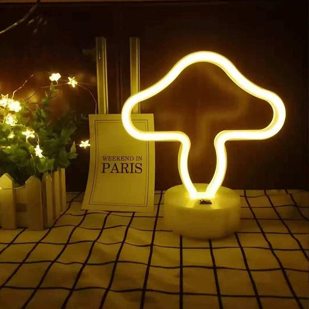 LED Cat Neon Night Light - USB/Battery Powered Wall Decor for Kids Bedroom (Mushroom Design) - Perfect Nursery & Playroom Lighting