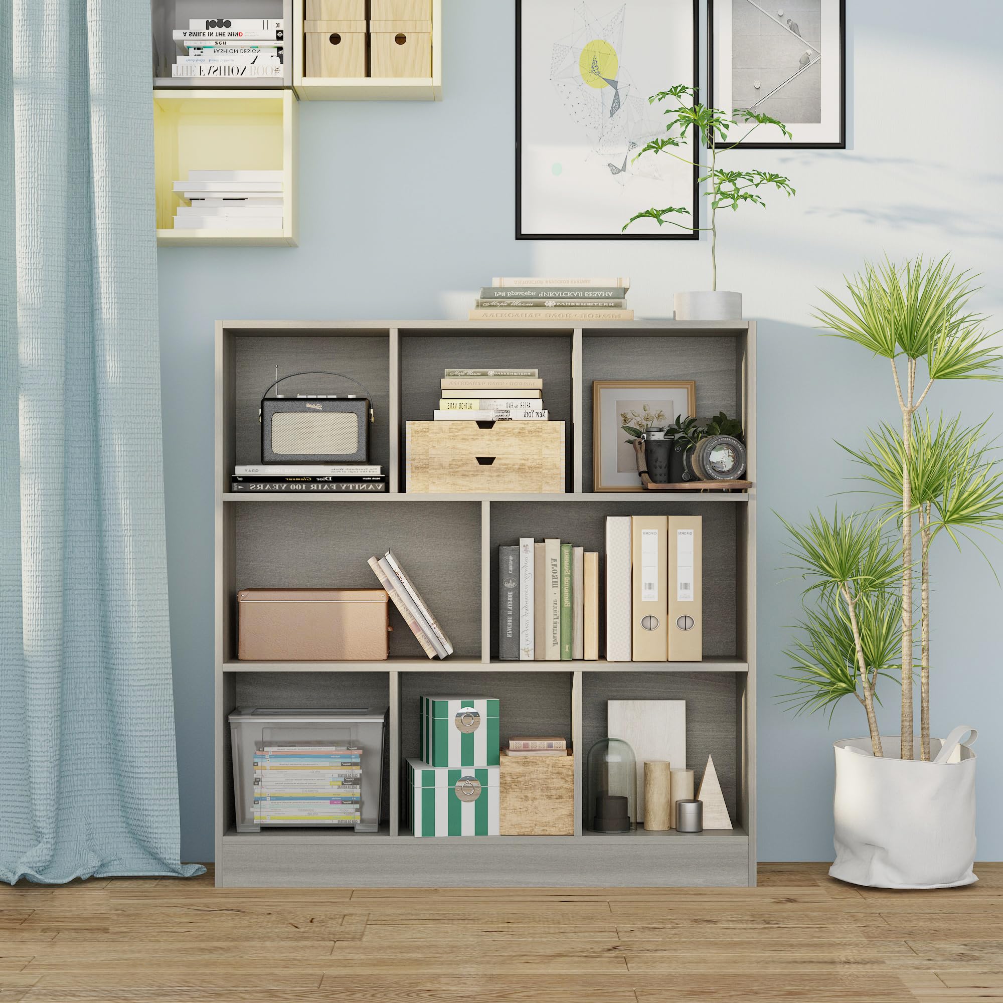 AIEGLE 8-Cube Bookshelf Organizer - 3-Tier Wooden Storage Shelf for Kids Bedroom, Living Room & Office - Modern Gray Bookcase (39.4