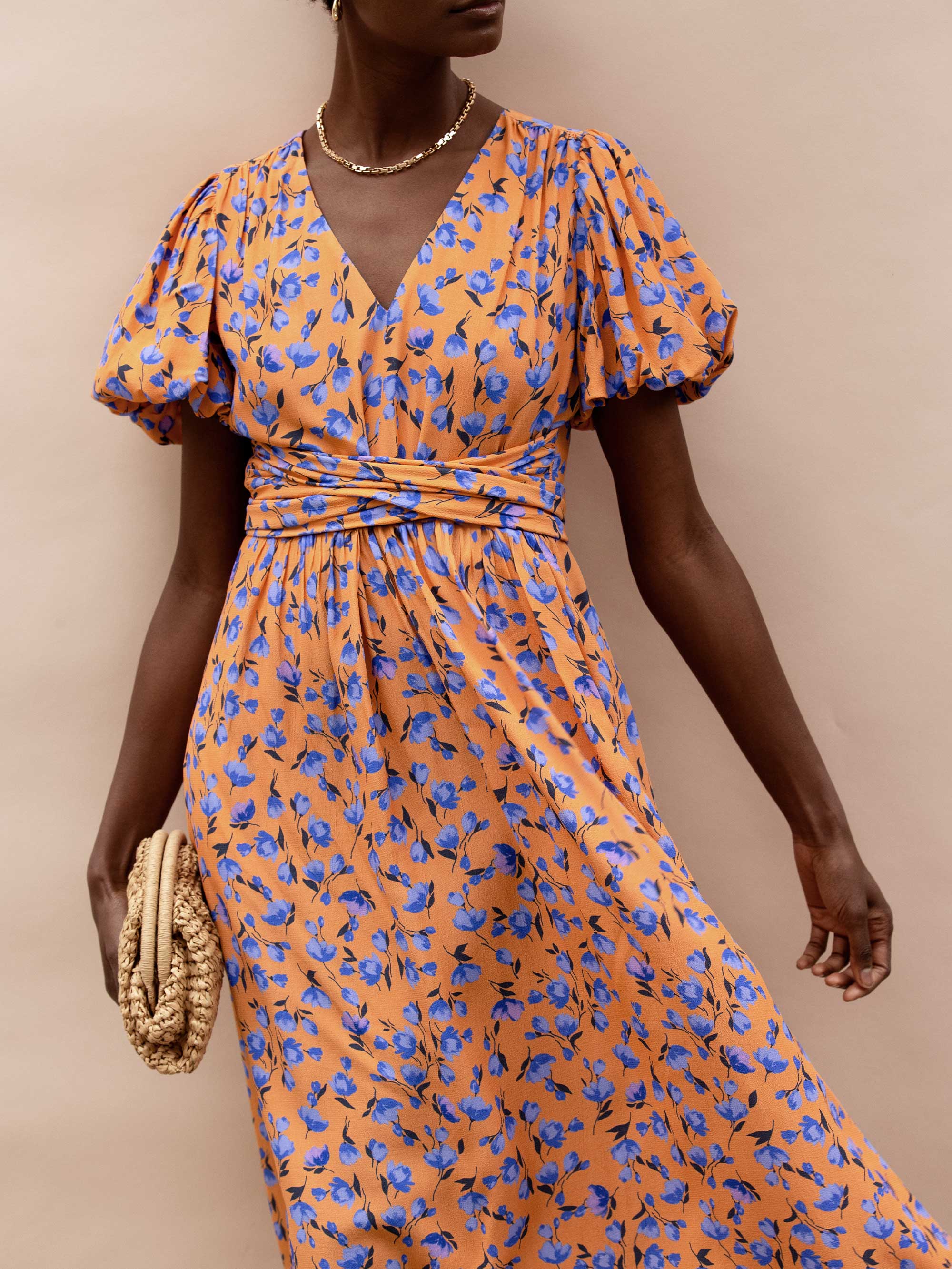 Stylish Orange and Blue Floral Puff Sleeve Dress for Women - Perfect for Summer Parties, Weddings & Casual Outings