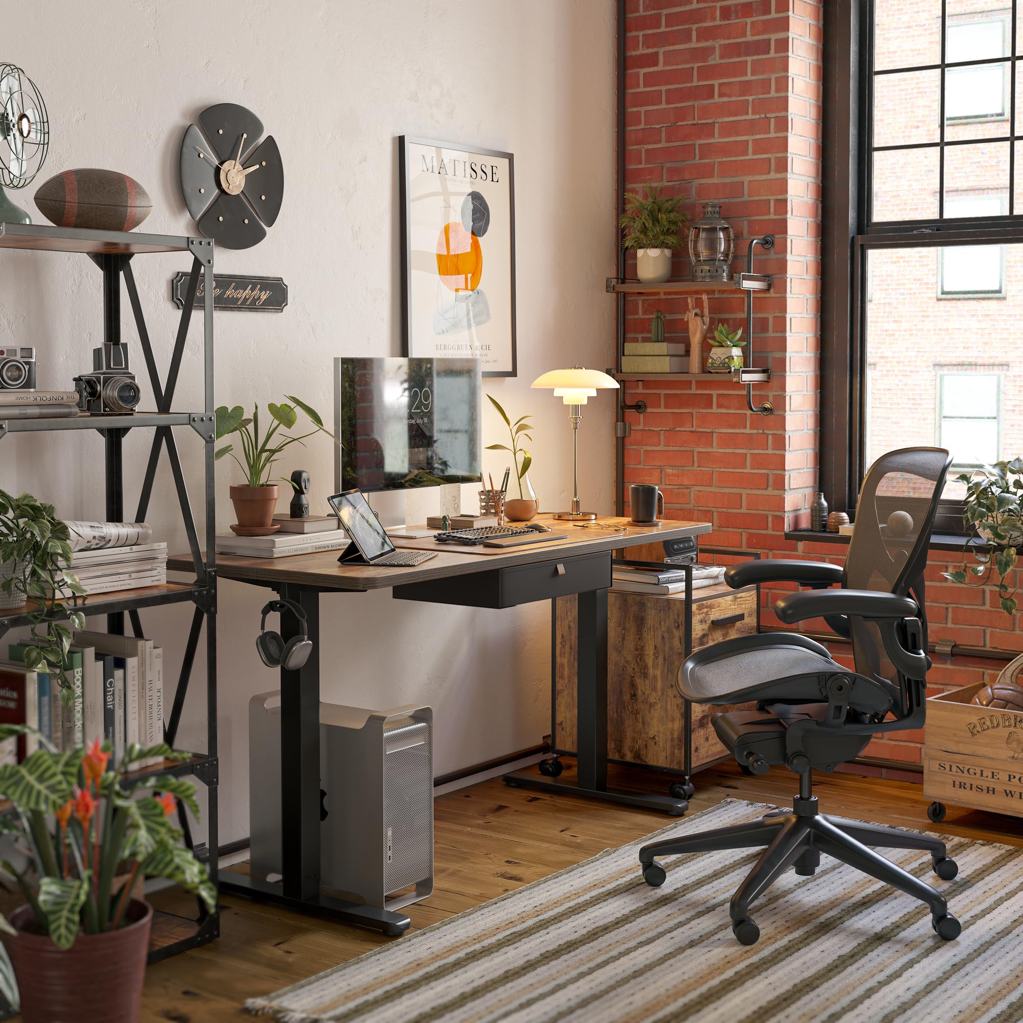 FEZIBO 63 x 24 Inches Adjustable Height Electric Standing Desk with Drawer & Storage - Ergonomic Sit Stand Home Office Computer Desk in Rustic Brown - Perfect for Remote Work, Gaming & Study Spaces