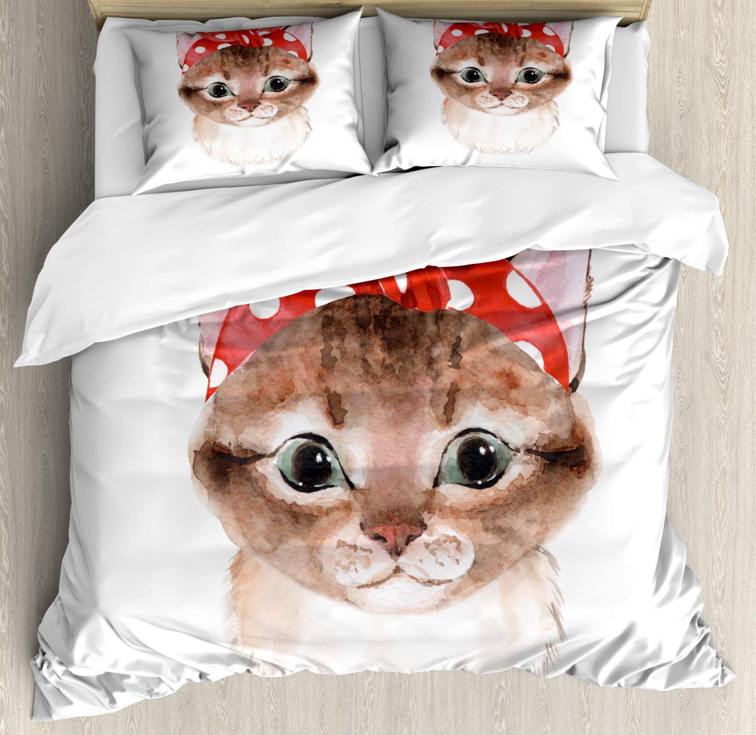 Ambesonne Queen Size Cat Duvet Cover Set - 3 Piece Watercolor Kitten with Bandana Design, Vermilion Umber Bedding with 2 Pillow Shams | Perfect for Pet Lovers' Bedroom Decor, Cozy Home & Gift Idea