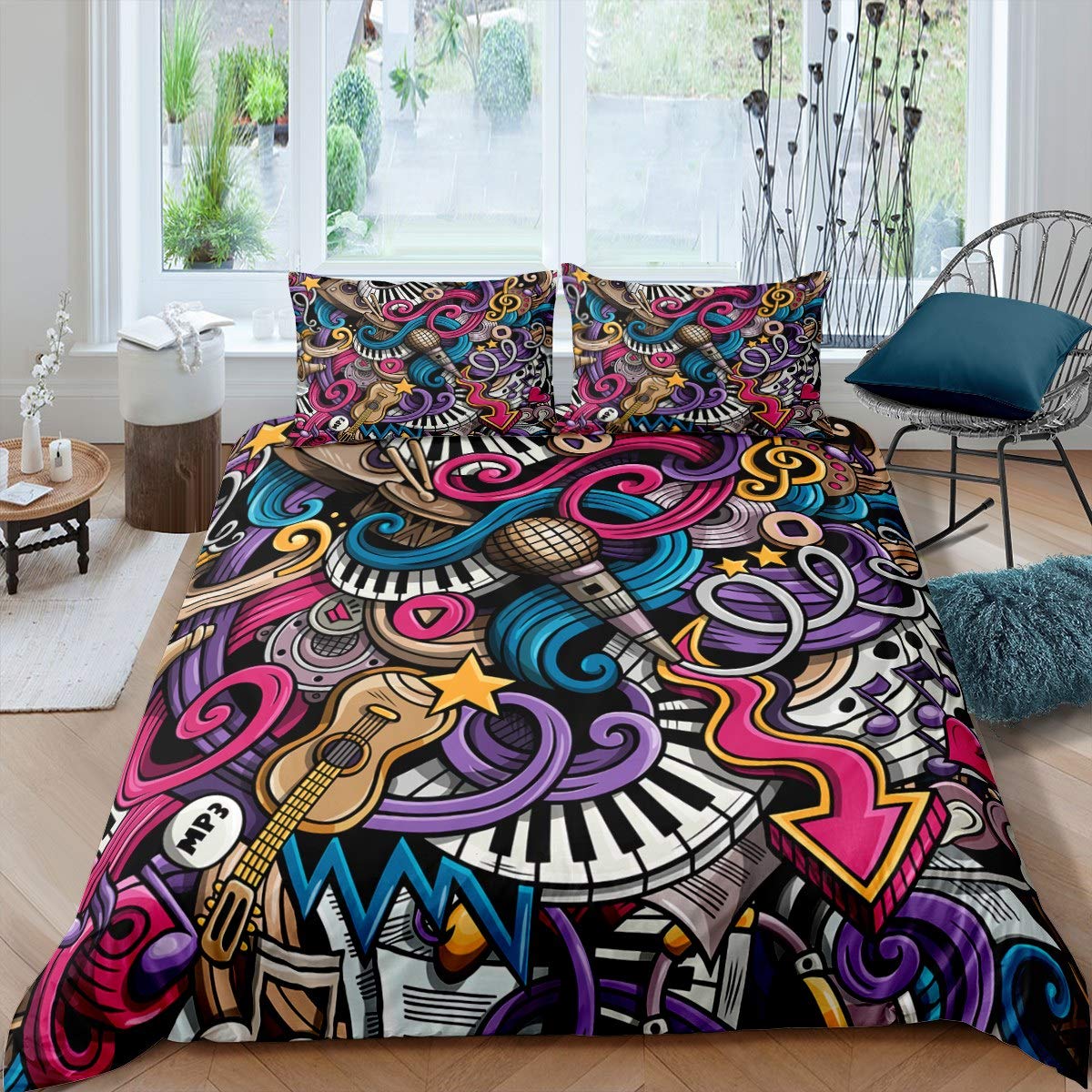Hippie Graffiti Duvet Cover Set - Microphone & Keyboard Print Comforter Cover for Kids, Boys, Girls & Teens - Hip Pop Street Culture Microfiber Bedding Set - Twin Size 2-Piece Decor - Perfect for Teen Bedrooms, Music Lovers & Urban Style Decor