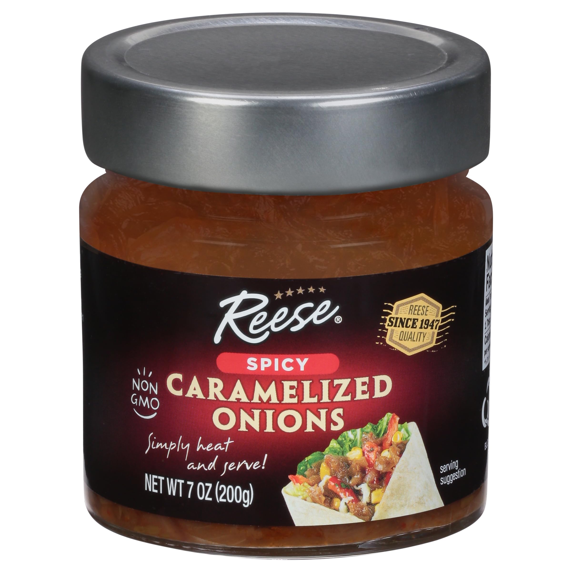 Reese Spicy Caramelized Onions - 7oz Jar (Pack of 1) | Premium Caramelized Onion Topping for Burgers, Hot Dogs & Sandwiches | Gluten-Free Condiment