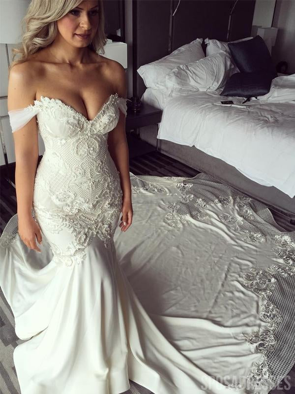 Elegant Off Shoulder Lace Mermaid Wedding Dress - Romantic A-Line Bridal Gown with Long Train (WD696) | Perfect for Beach, Church, and Formal Wedding Ceremonies