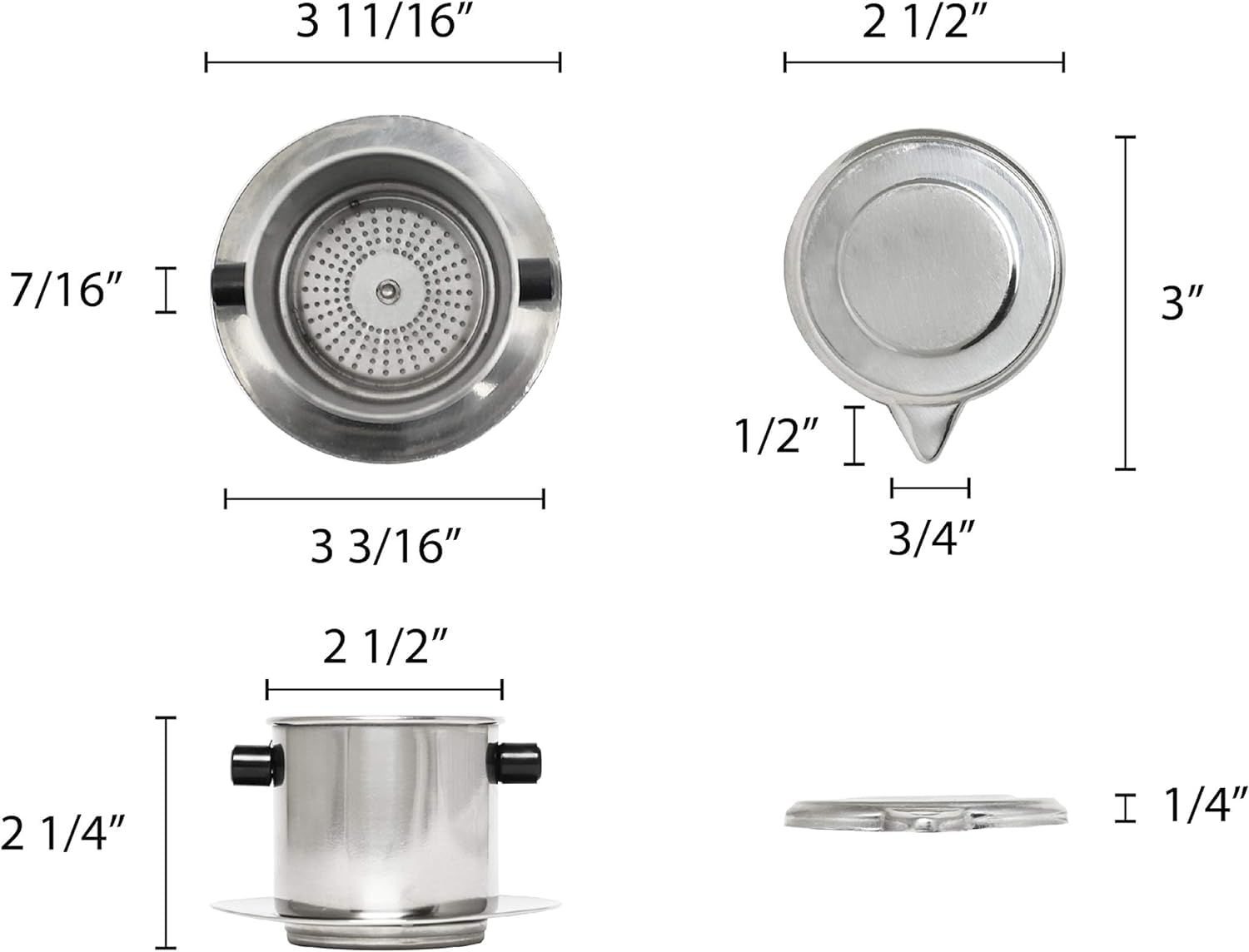 TrueCraftware - Set of 3 Stainless Steel Single Cup Coffee Brewers - Vietnamese Phin Filter, Dripper & Infuser for Home, Kitchen & Restaurants - Perfect for Iced Coffee, Espresso & Traditional Brewing