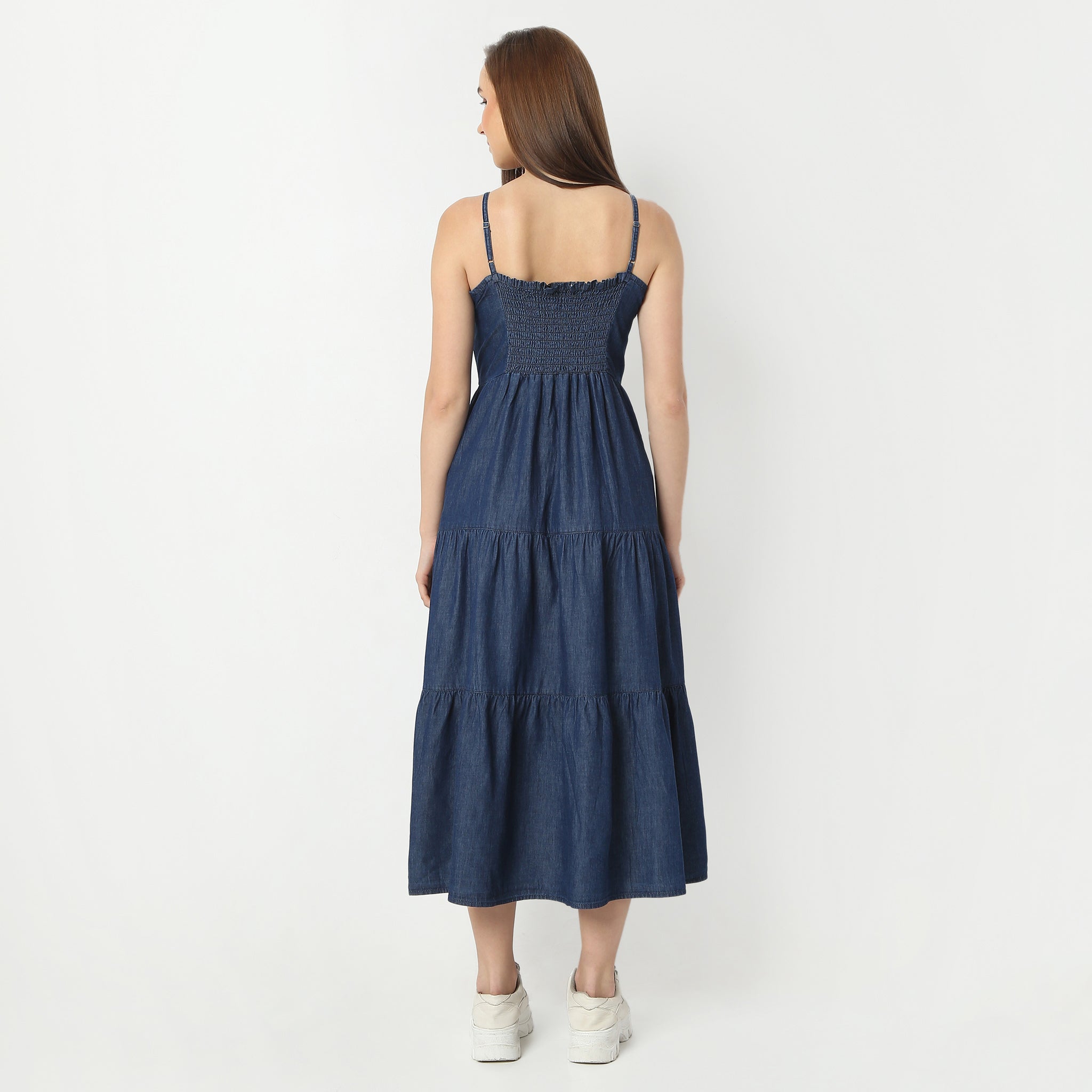 Stylish Calf-Length V-Neck Spaghetti Strap Tiered Denim Dress for Women | Casual Summer Outfit, Beach Cover-Up & Boho Chic Fashion
