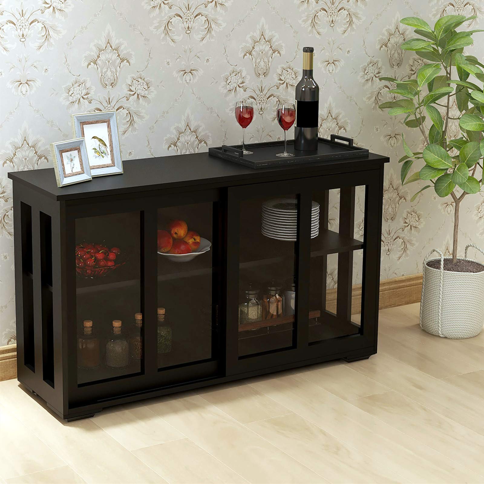 Elegant Wood Sideboard Buffet Cabinet with Adjustable Shelf & Glass Door - Modern Black Console Table for Kitchen, Living Room & Dining Room Storage | Perfect for Home Decor, Entertaining & Organization