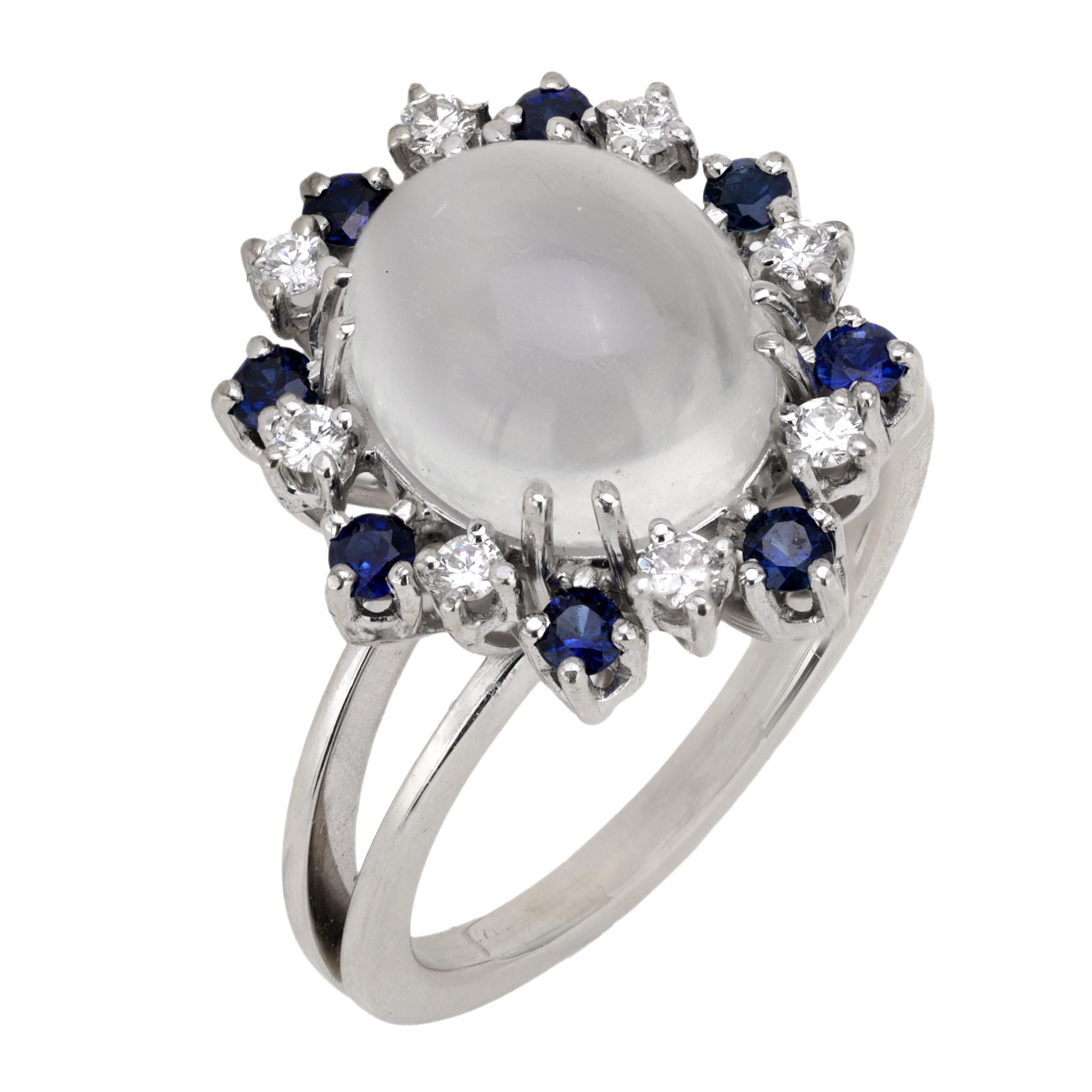 Vintage 5.20 Carat Moonstone Diamond Sapphire 14K White Gold Cocktail Ring - Elegant Statement Jewelry for Weddings, Parties & Special Occasions