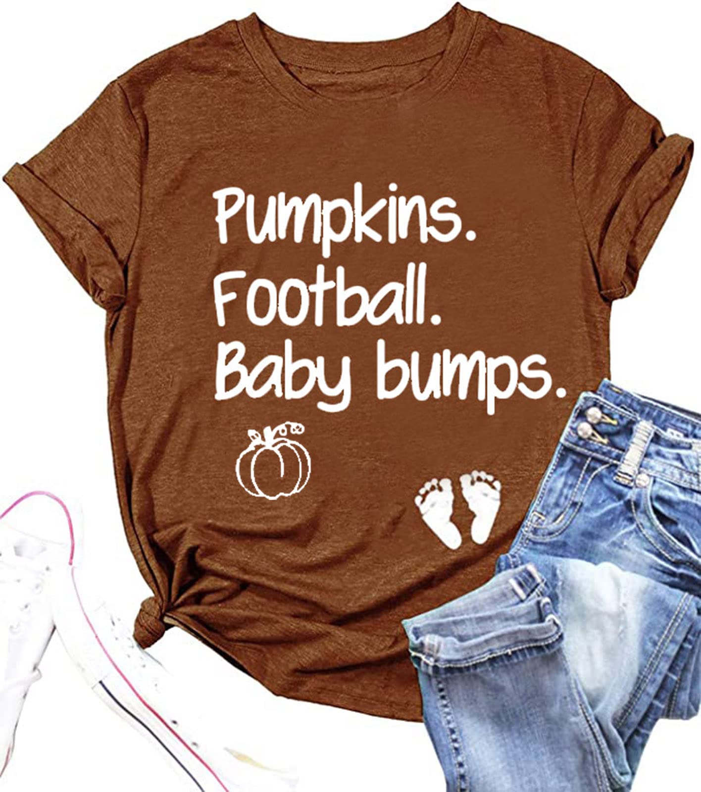 Halloween Maternity T-Shirt for Women - Cute Pumpkin Football Baby Bump Graphic Pregnancy Tee | Fall Maternity Outfit for Halloween Parties & Pregnancy Announcements