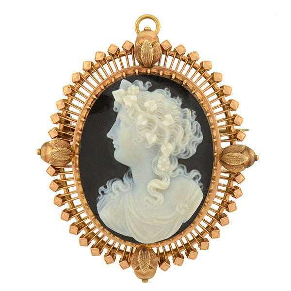 Victorian 14K Gold Carved Hardstone Cameo Brooch Pin & Pendant Necklace - Elegant Antique Jewelry for Women, Perfect for Weddings, Vintage Fashion & Gift Giving