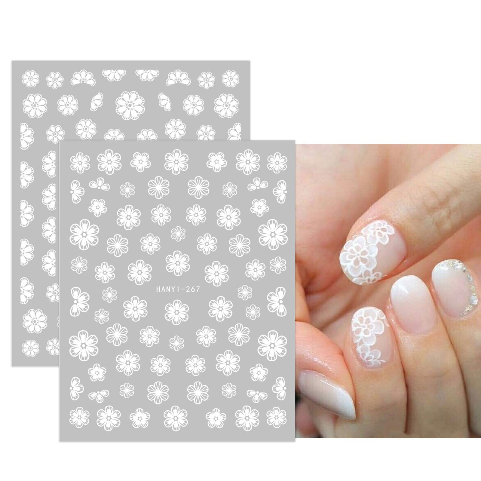 JMEOWIO 12 Sheets Spring White Flower Nail Stickers - Self-Adhesive Nail Art Decals with Butterfly & Leaf Designs - Floral Nail Supplies for DIY Manicure & Nail Decoration - Perfect for Summer, Bridal, Party & Salon Use
