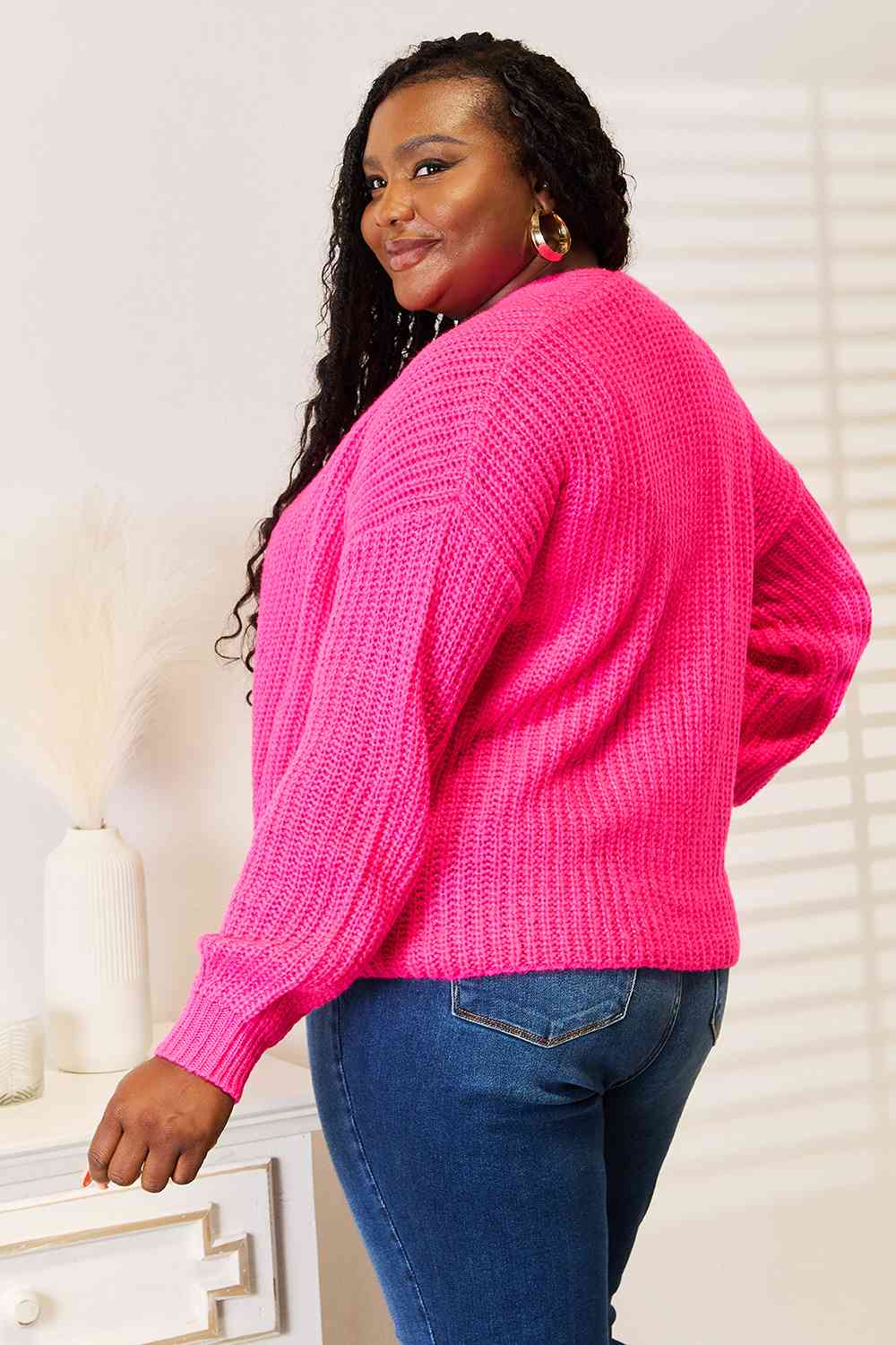 Stylish Hot Pink Rib Knit Open Front Drop Shoulder Cardigan Sweater for Women | Cozy Fall & Winter Fashion | Perfect for Casual Outings, Office Wear, and Date Nights