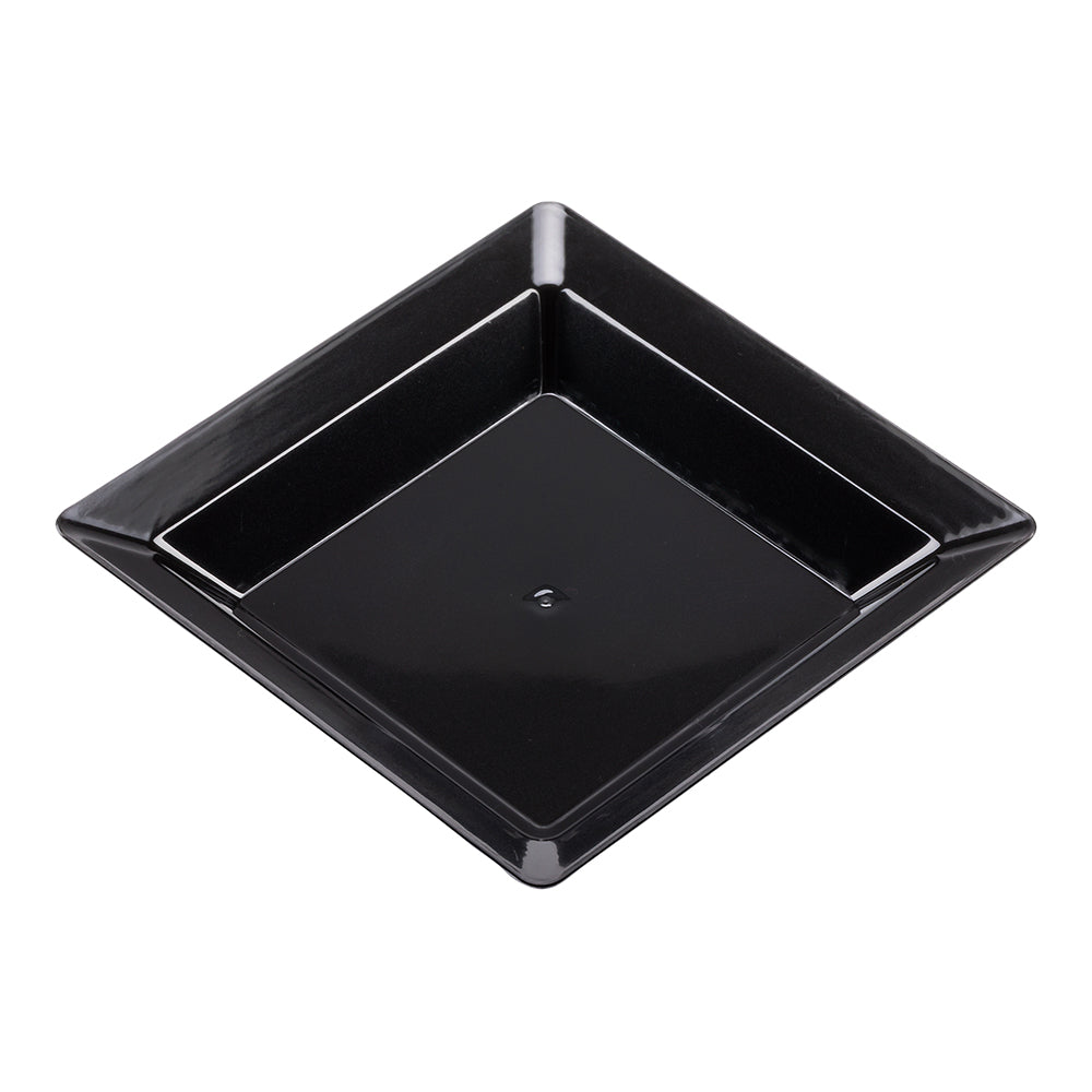 100 Pack Black 4.25 Inch Square Plastic Plates & 100 Silver Plastic Mini Spoons - Perfect for Parties, Picnics, BBQs, and Catering Events