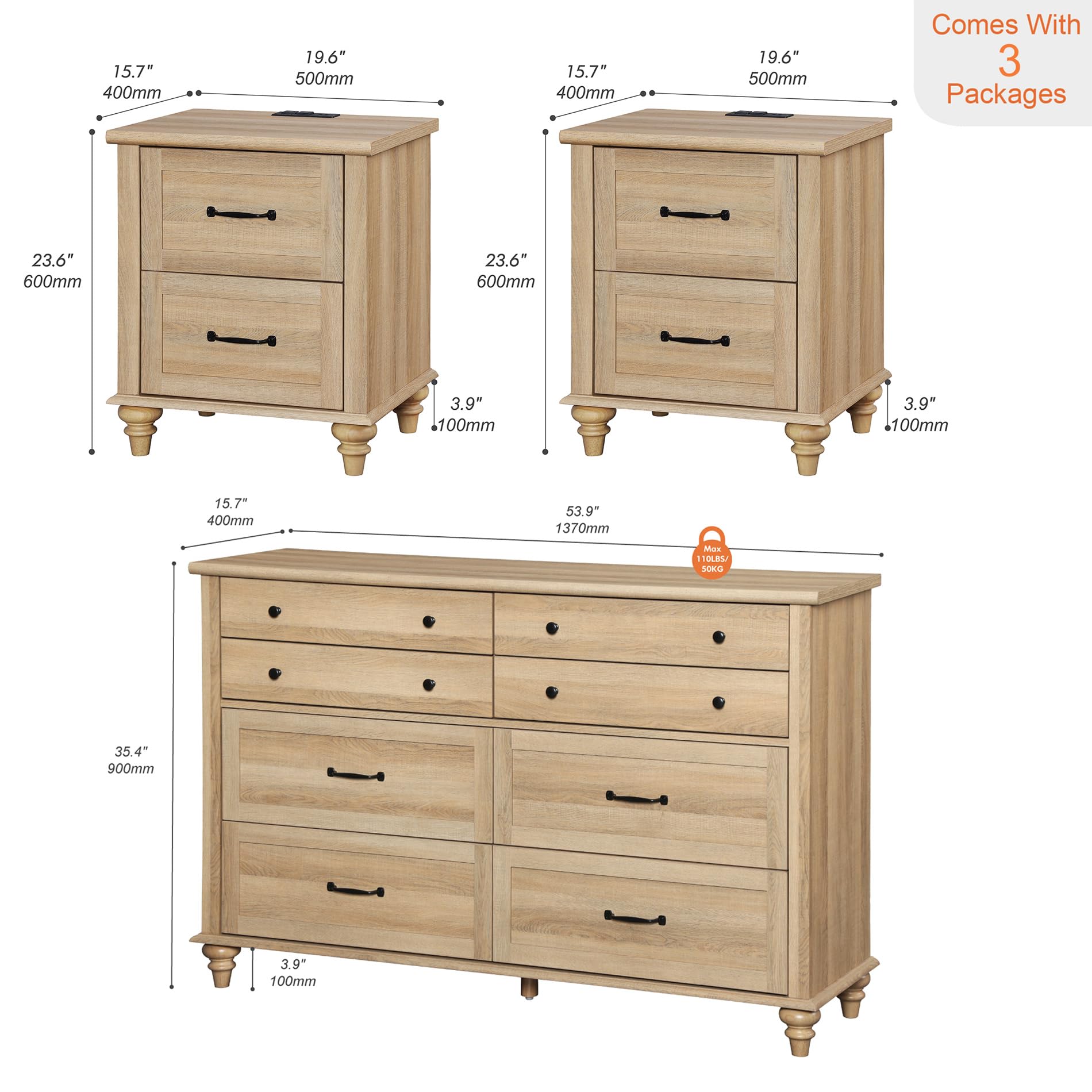 WAMPAT 3 Piece Bedroom Furniture Set - 8 Drawer Dresser with 2 Nightstands (Charging Station & Storage Drawers) - Solid Oak Wood Bedroom Set for Master Bedroom, Guest Room & Dorm Decor