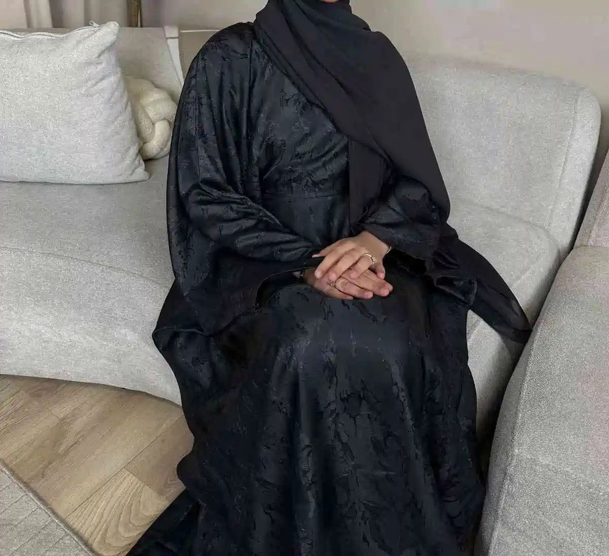 Elegant 3D Jacquard Satin Abaya Dress for Women - Modest Islamic Prayer Dress #250021 | Perfect for Eid, Ramadan, Wedding & Special Occasions