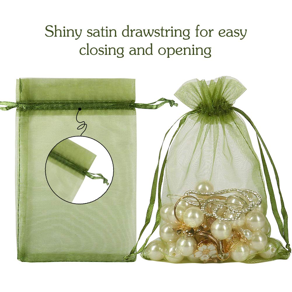 100pcs Olive Green Organza Drawstring Bags 4x6 inch - Candy, Jewelry & Gift Pouches for Christmas, Weddings, Baby Showers & Party Favors
