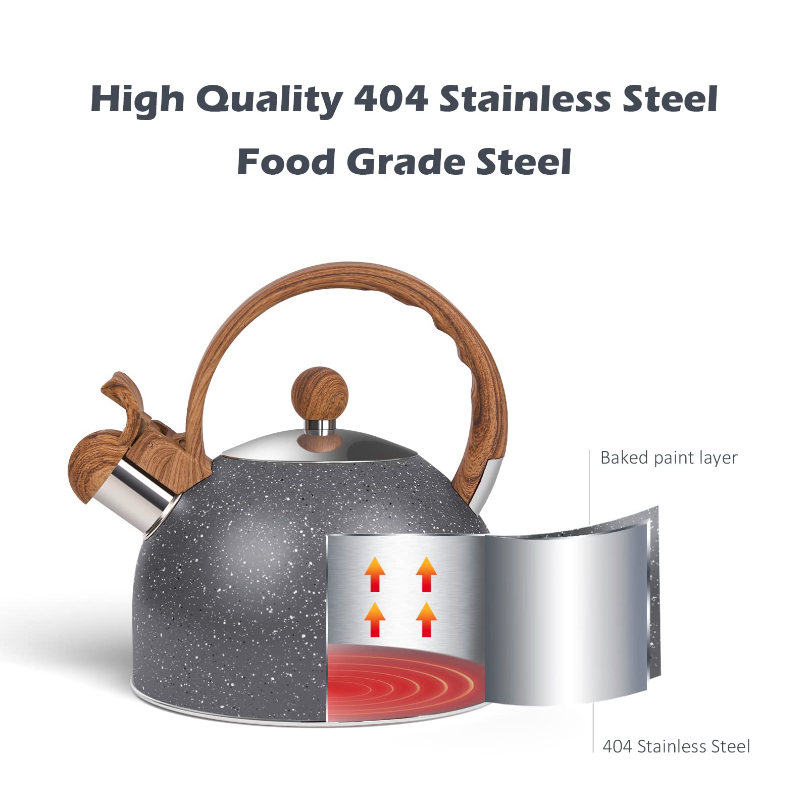Premium 2.6 Quart Stainless Steel Whistling Tea Kettle for Gas & Induction Stovetops - Loud Whistle Alert, Durable Stone Coated Water Boiler for Tea, Coffee & Milk (Grey) - Ideal for Home Kitchen, Office & Camping Use