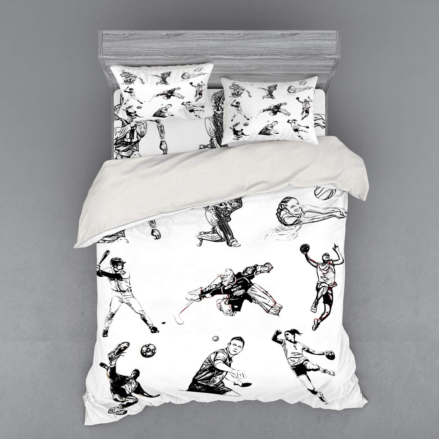 Ambesonne Olympics Duvet Cover Set - Basketball Football Volleyball Cricket Tennis Players Athletes Design, 4-Piece Queen Size Bedding Set with Shams & Fitted Sheet, Black & White - Perfect for Sports Fans Bedroom Decor & Themed Guest Rooms