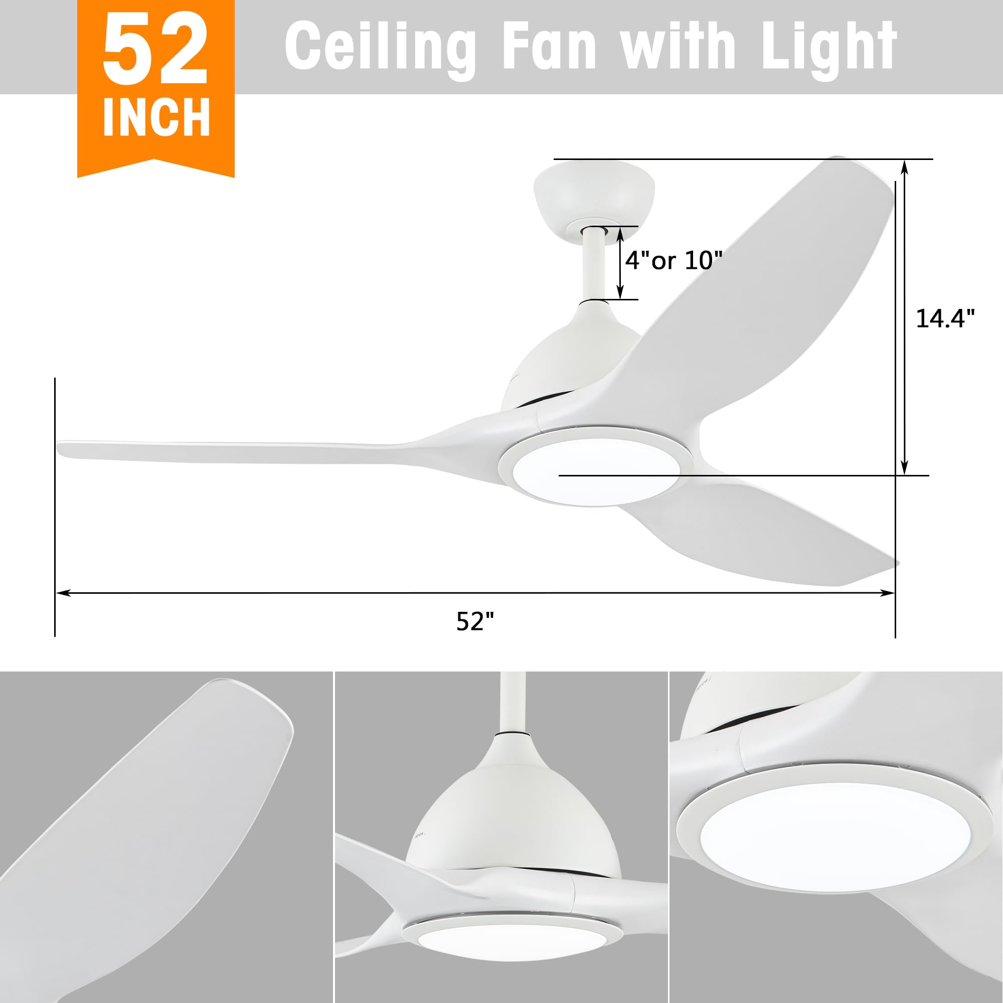 52 Inch Smart Ceiling Fan with LED Light and Remote Control - Quiet DC Motor, 3 Color Temperatures, ABS Blades - Perfect for Bedroom, Living Room, and Office (White)