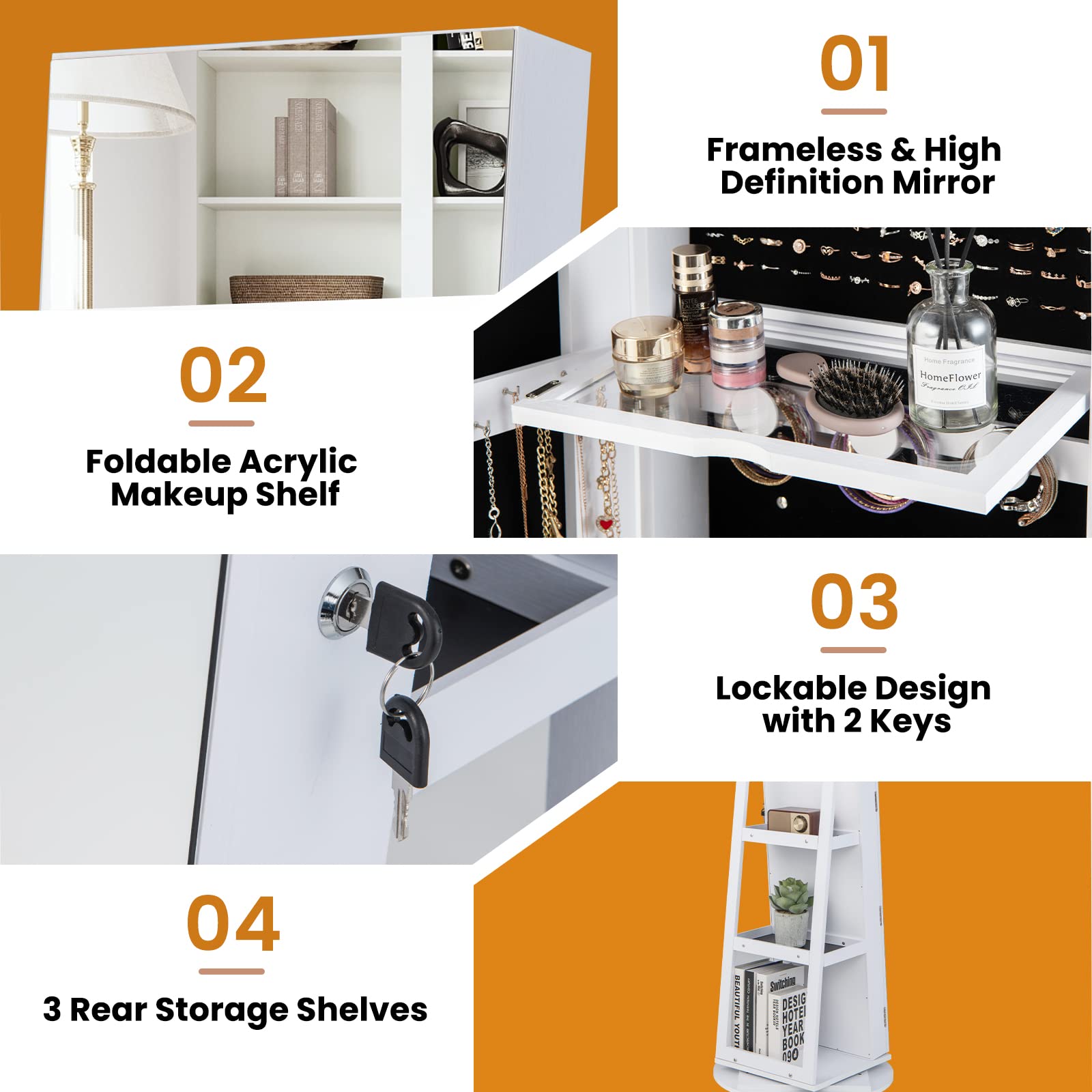 360° Swivel Jewelry Cabinet with Lock & LED Lights - Standing Jewelry Organizer with Full-Length Mirror, Rear Storage Shelves - White Jewelry Armoire for Women & Girls - Perfect for Bedroom, Dressing Room & Closet Organization