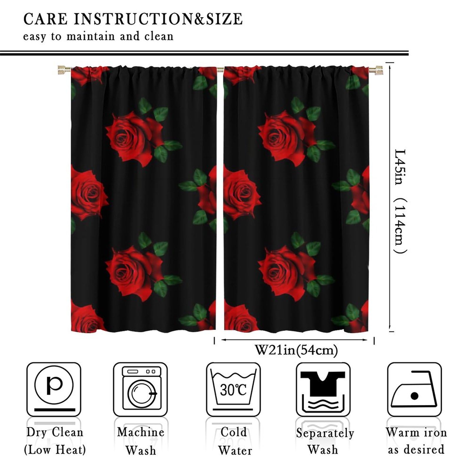 Romantic Red Rose Print Curtains - Burgundy & Black Floral Drapes for Valentine's Day, Women's & Girls' Room Decor - 2 Panels (42x45 Inch) - Perfect for Bedroom Windows, Living Room Decor & Romantic Home Ambiance