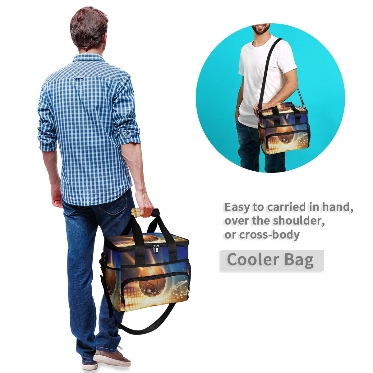 Leakproof Reusable Insulated Lunch Cooler Bag with Detachable Shoulder Strap - Perfect for School, Work, Picnic, Beach & Sports | Basketball Fan Design | Keeps Food Fresh for Hours