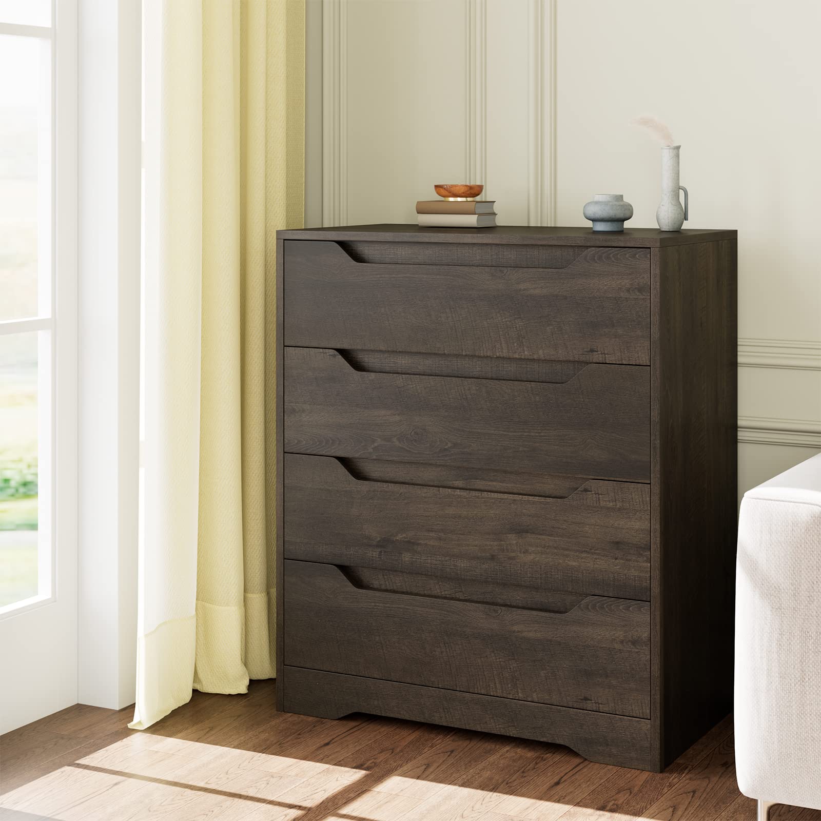 HOSTACK 4-Drawer White Dresser with Cut-Out Handles - Farmhouse Style Wooden Chest of Drawers for Bedroom & Living Room - Dark Brown Makeup Organizer & Home Office Storage Solution